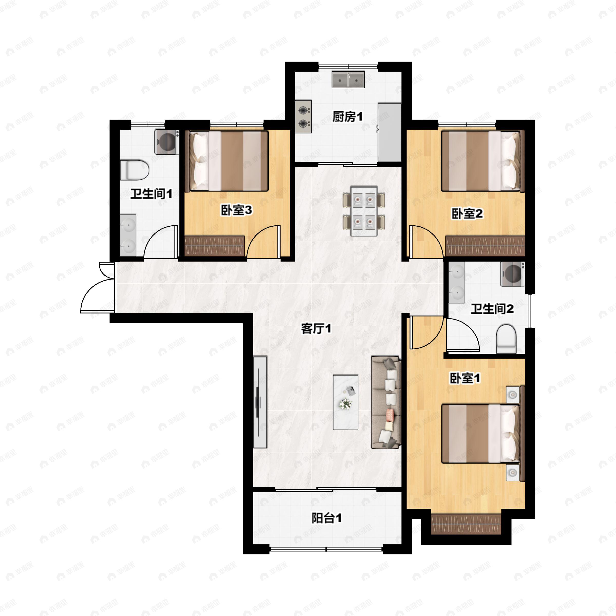 3室2厅2卫建面131平南|北户型图