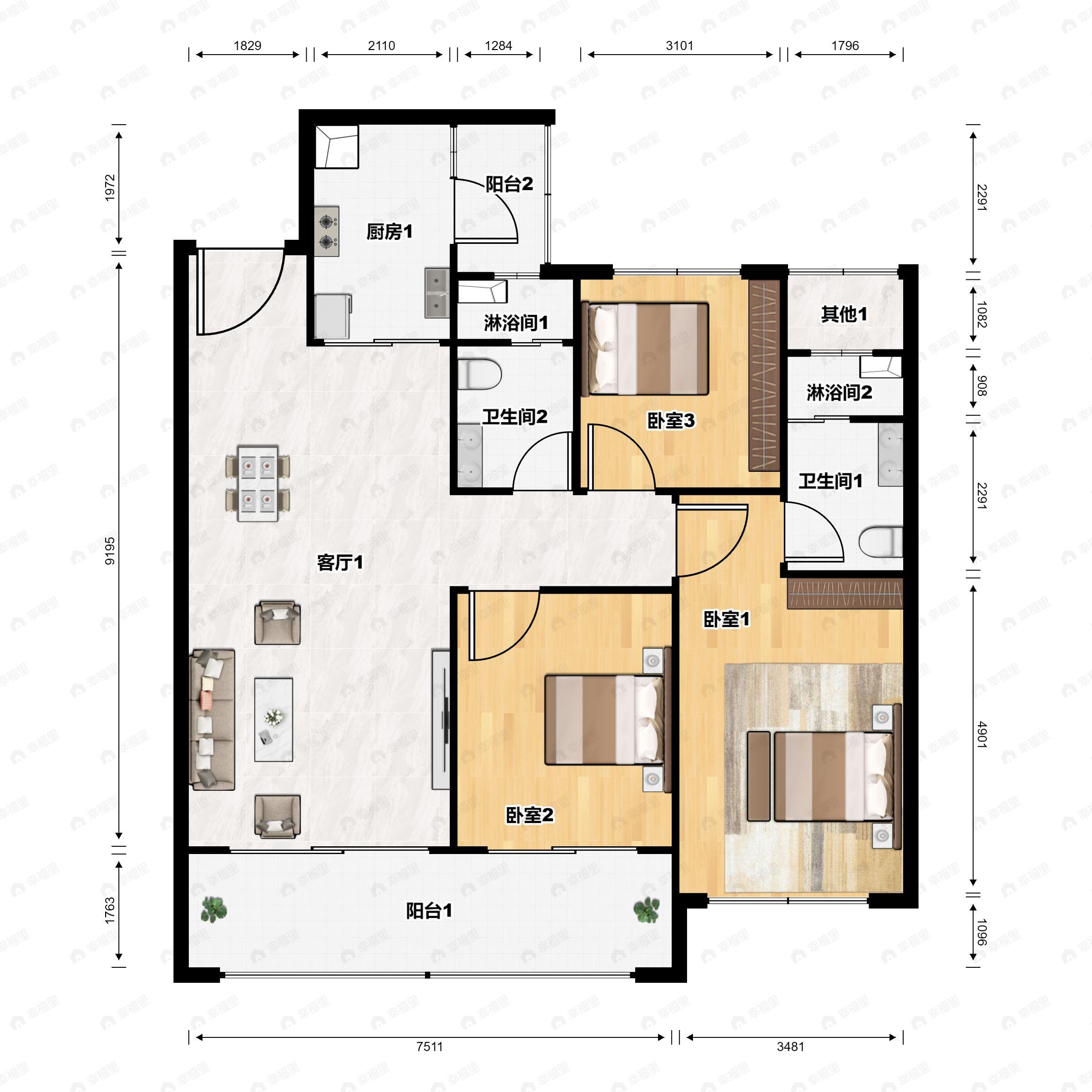 成都鑫苑城3室2厅2卫户型图