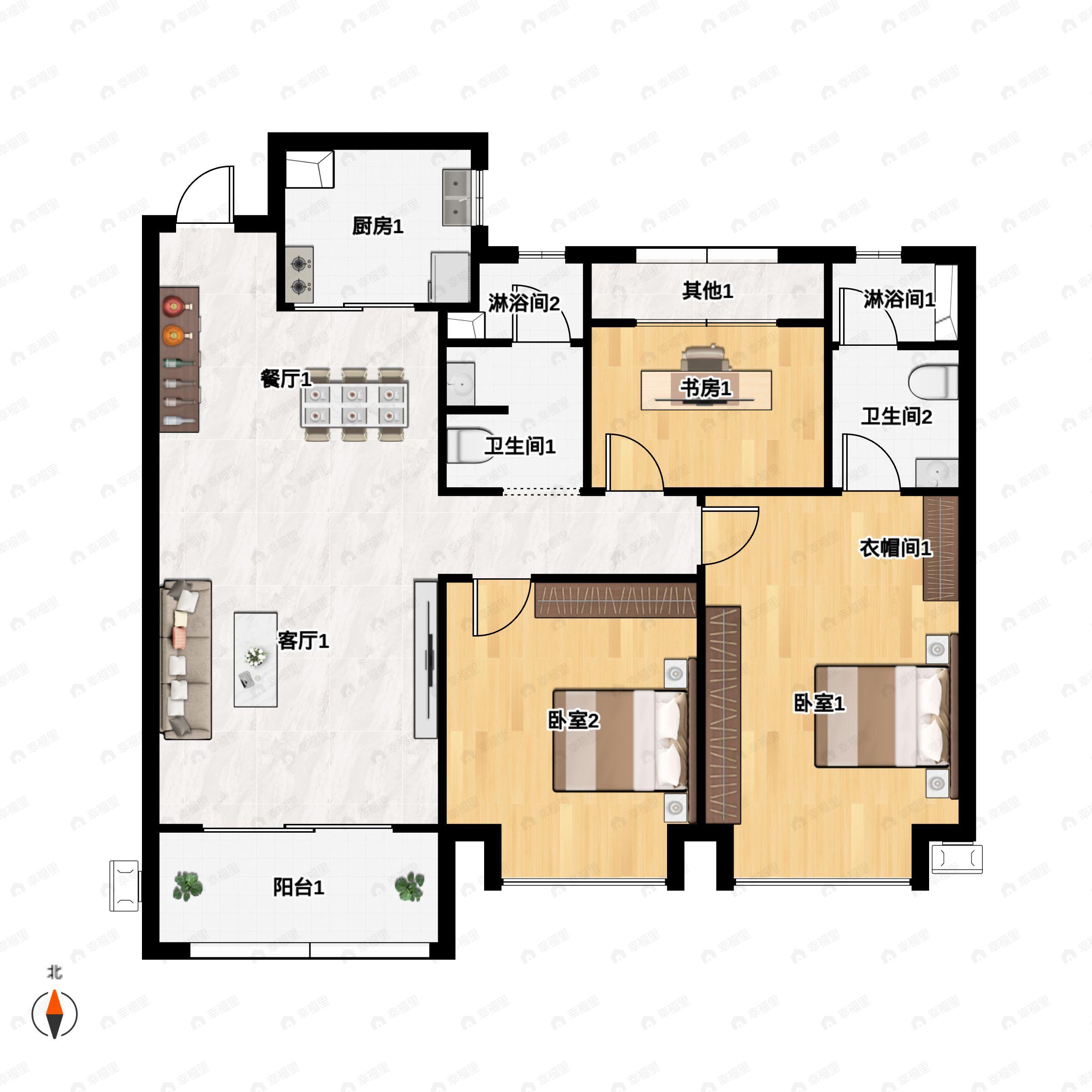 3室2厅2卫建面104平南|北户型图