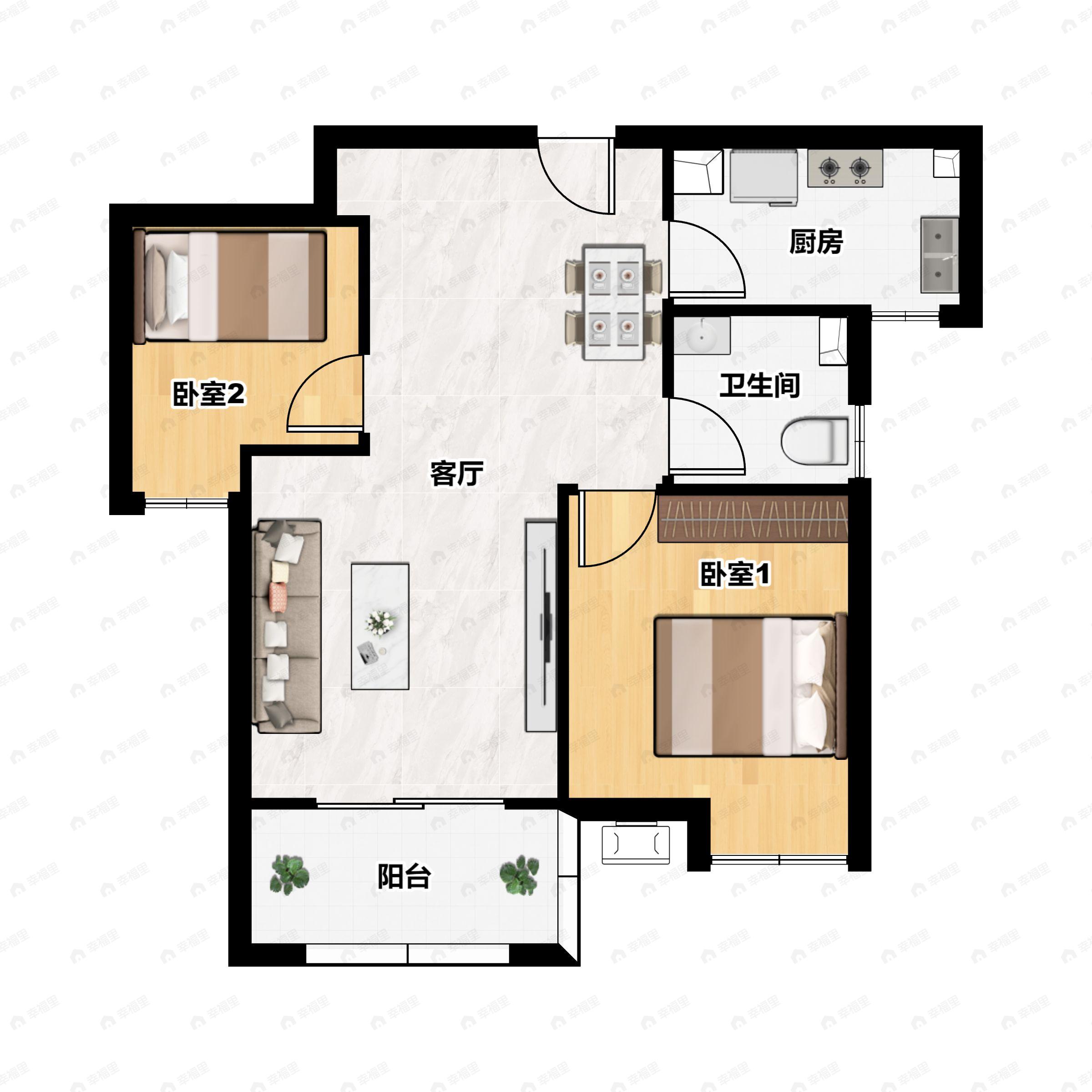 2室2厅1卫建面79m²南户型图