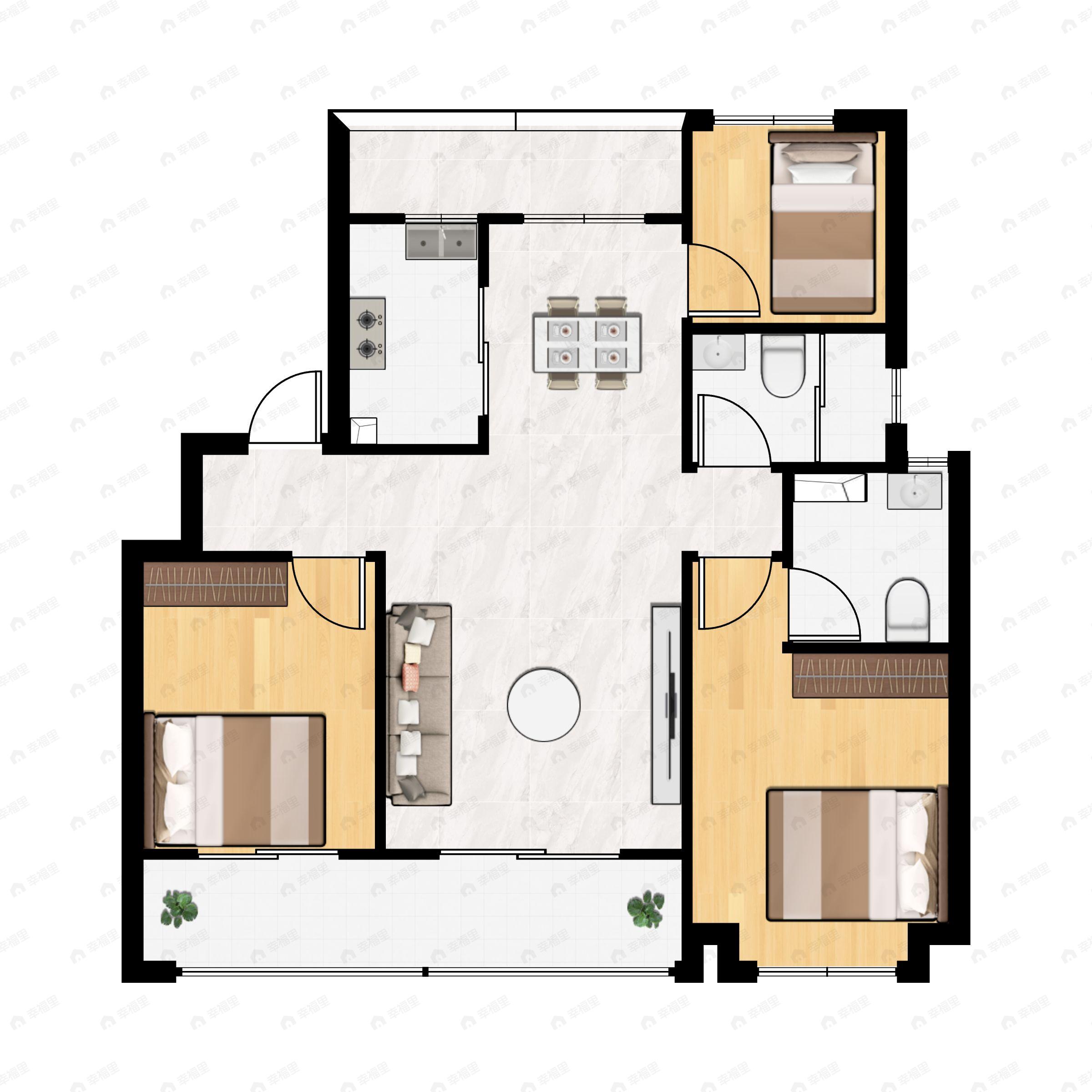 3室2厅2卫建面99m²南户型图