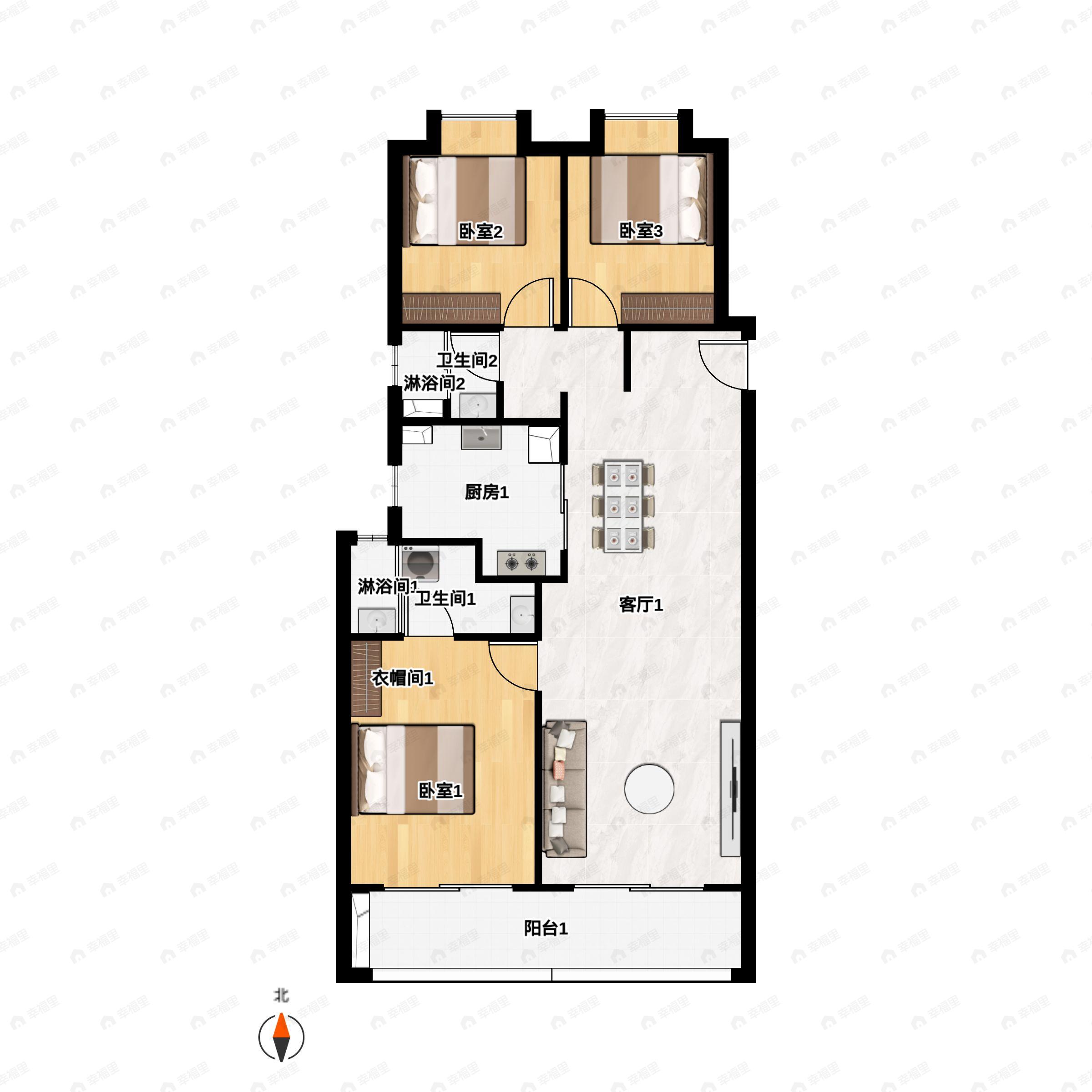 3室2厅2卫建面128m²户型图