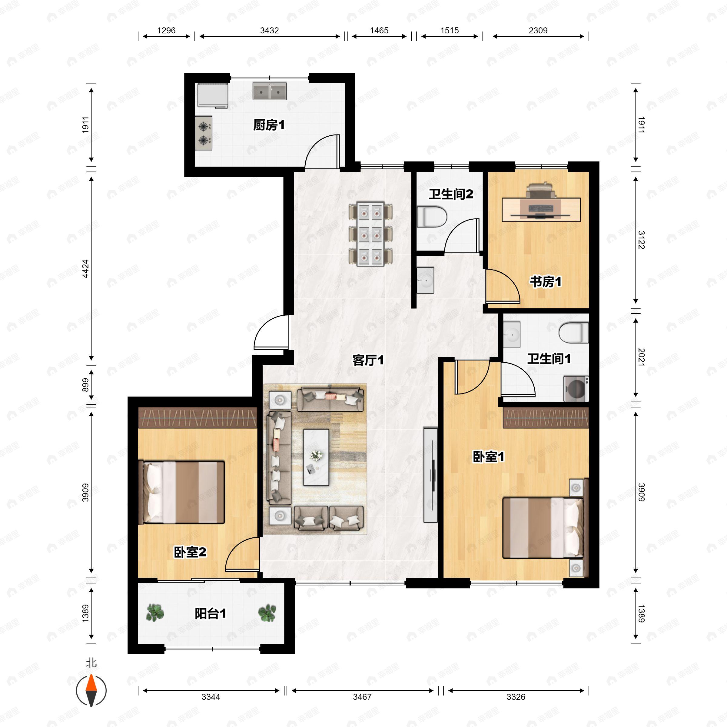3室2厅2卫建面119平南户型图