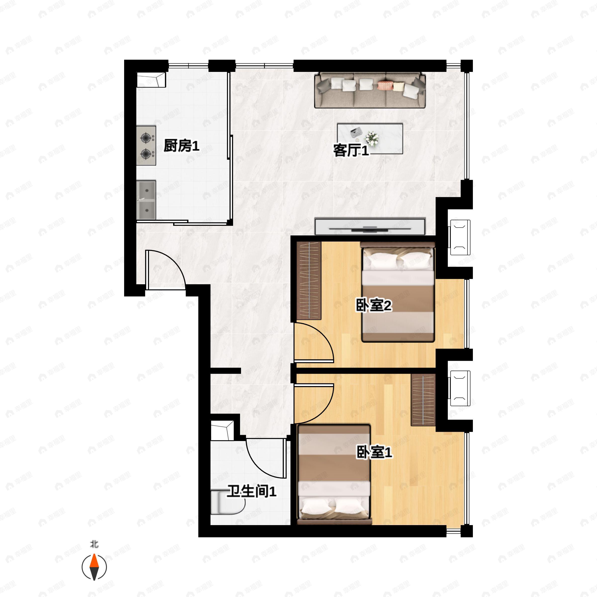 2室2厅1卫建面65平户型图