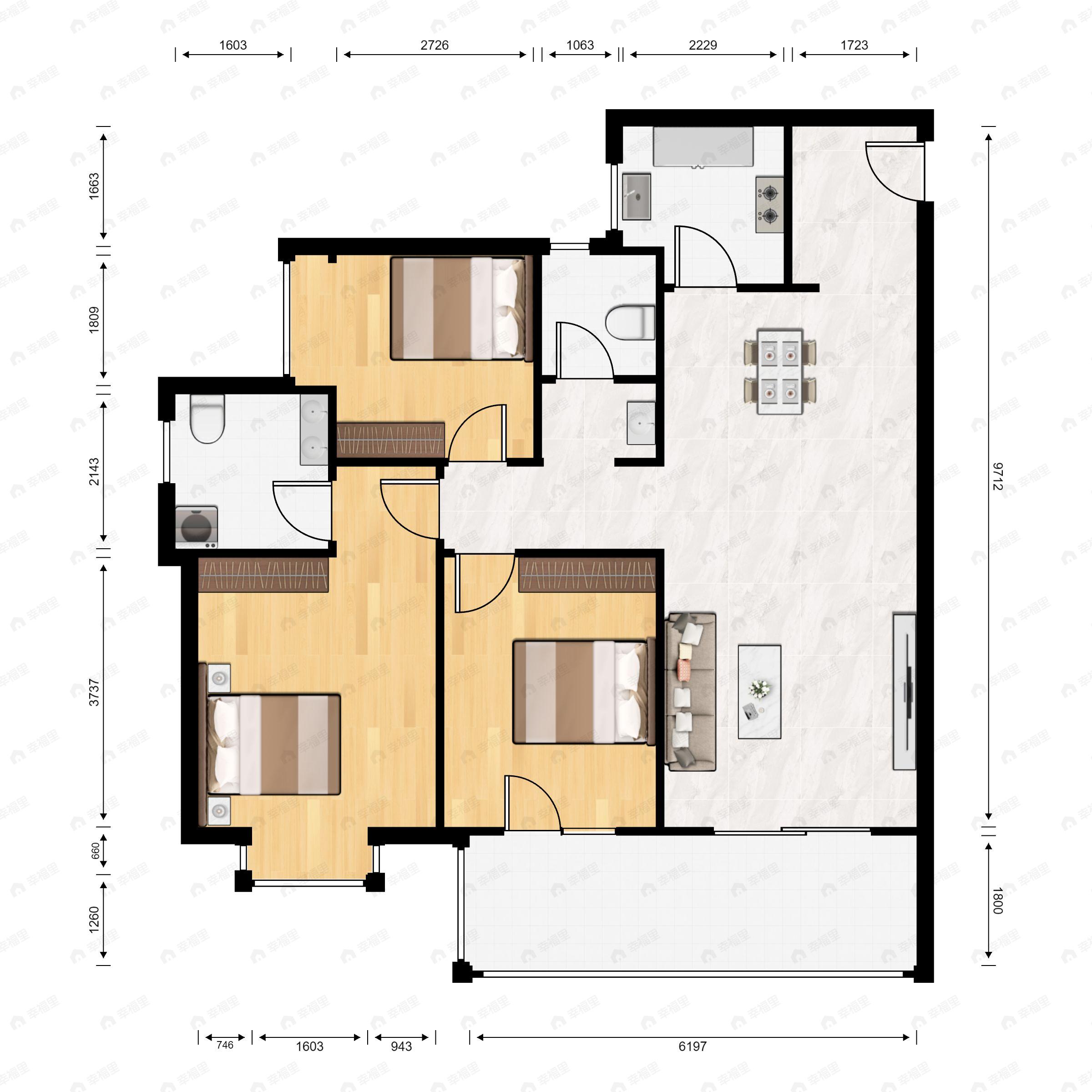 3室2厅2卫建面105m²南户型图
