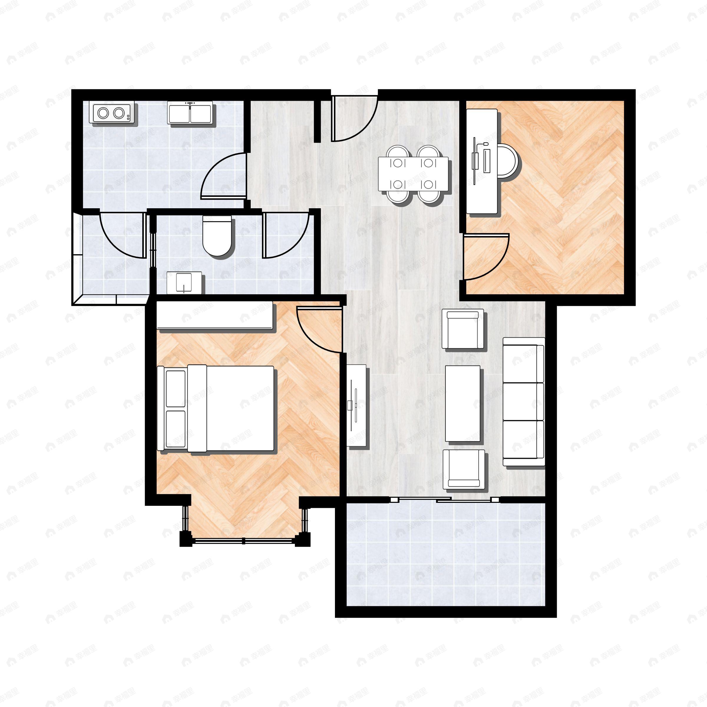 2室2厅1卫建面56平东|西户型图