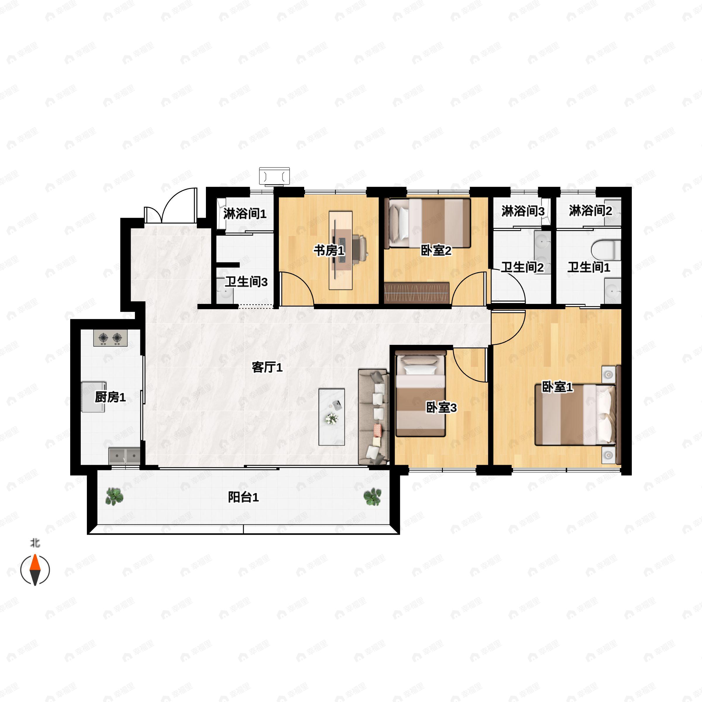 4室2厅3卫建面143m²南户型图