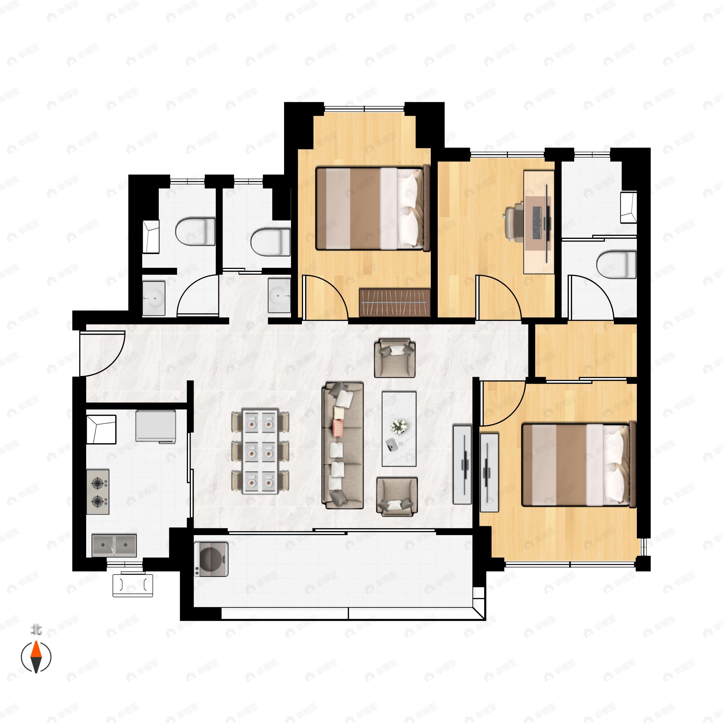 3室2厅2卫建面96m²西南|南户型图
