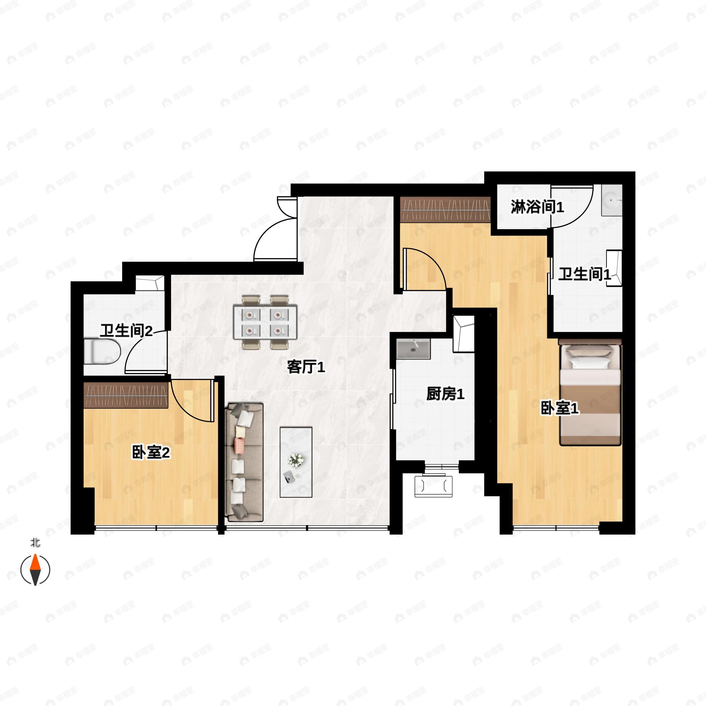 2室2厅2卫建面125平南户型图