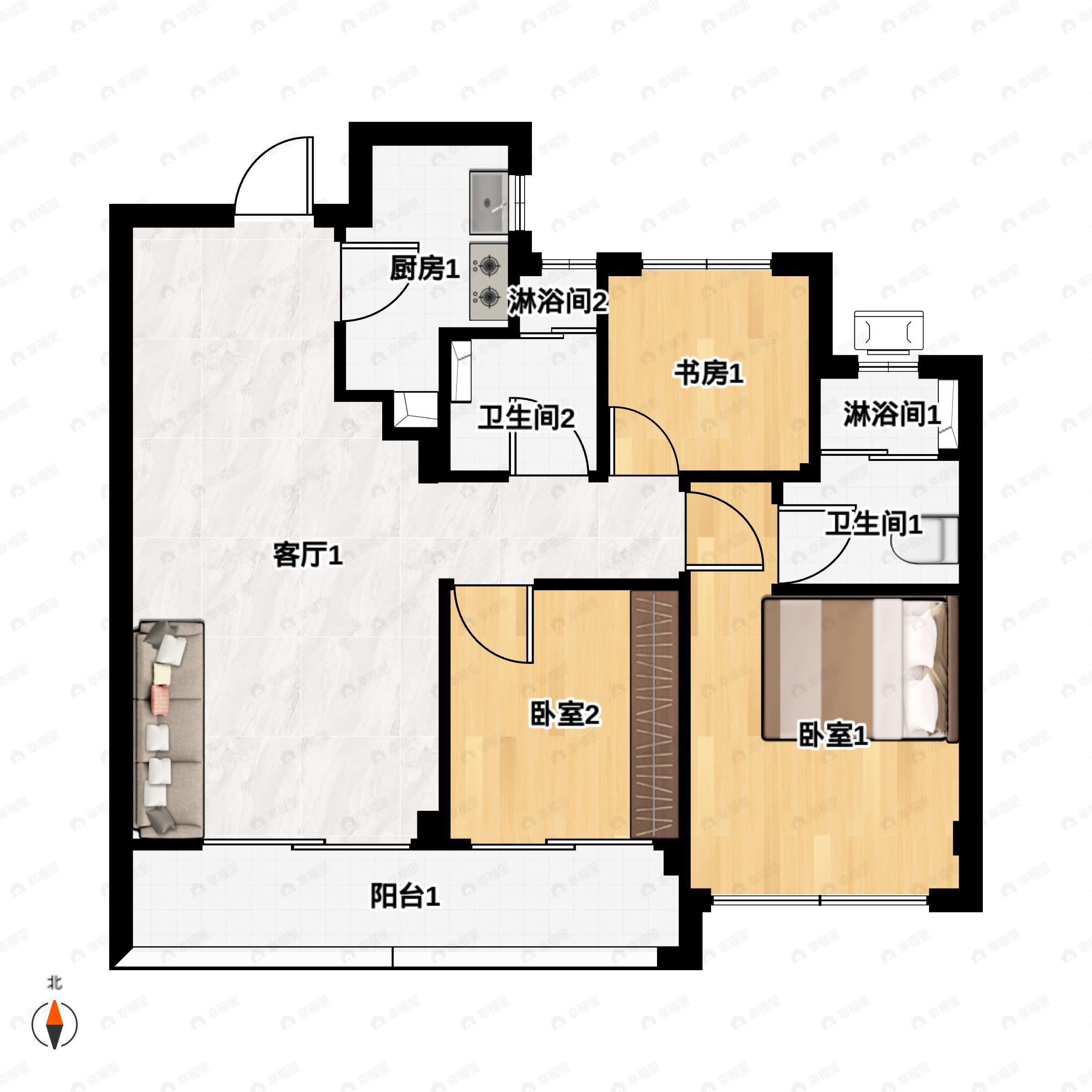 3室2厅2卫建面89平南户型图