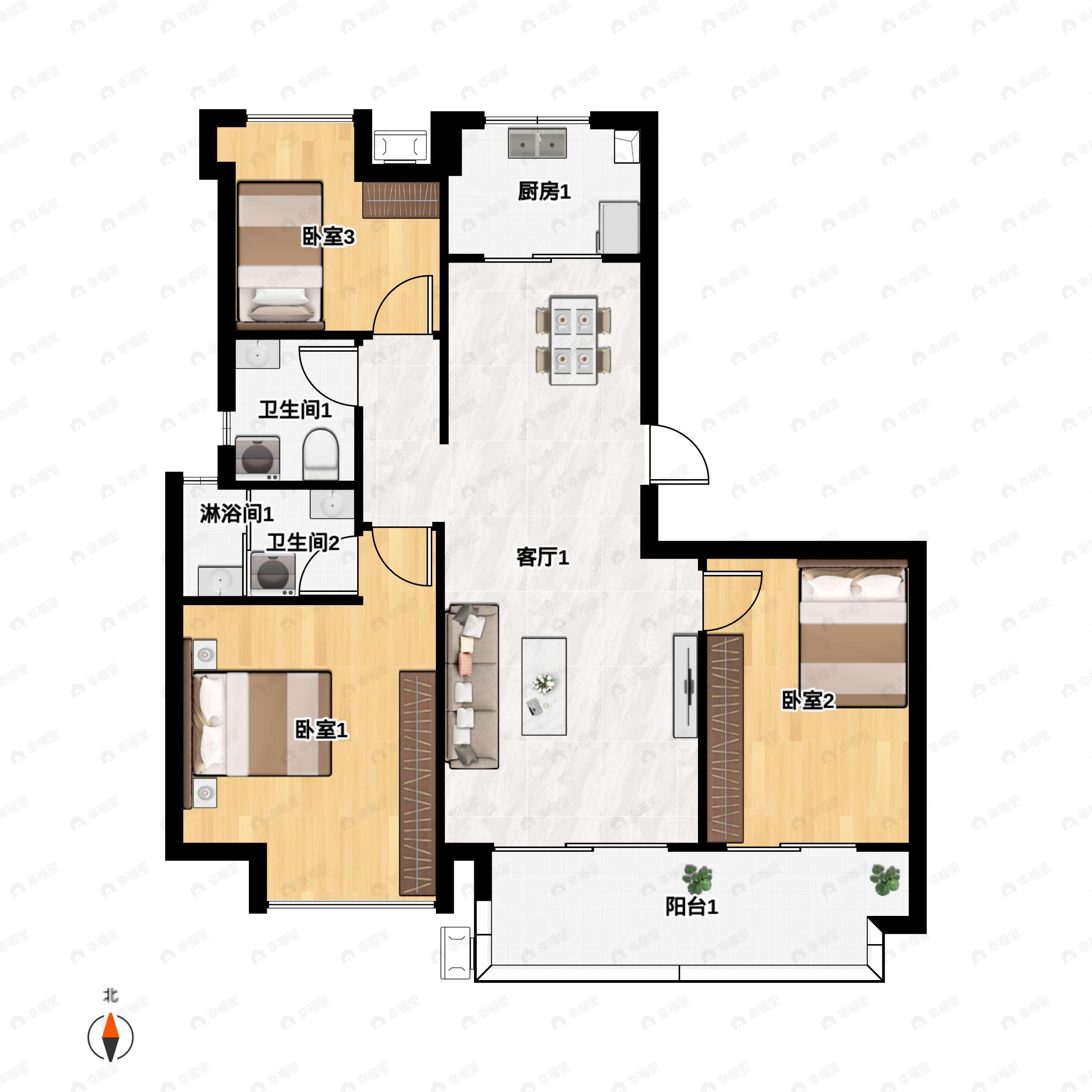 3室2厅2卫建面107m²南户型图