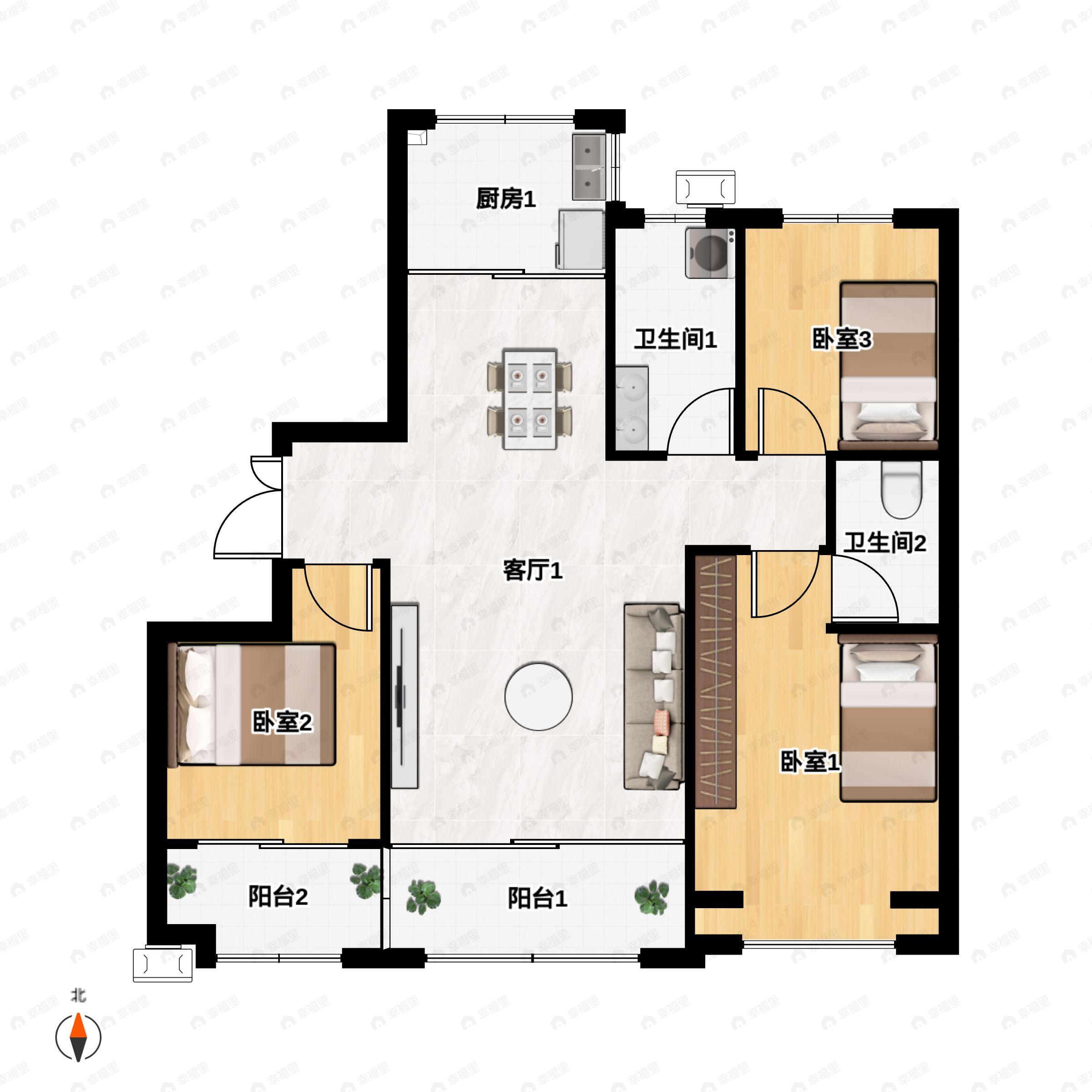 3室2厅2卫建面135m²南户型图