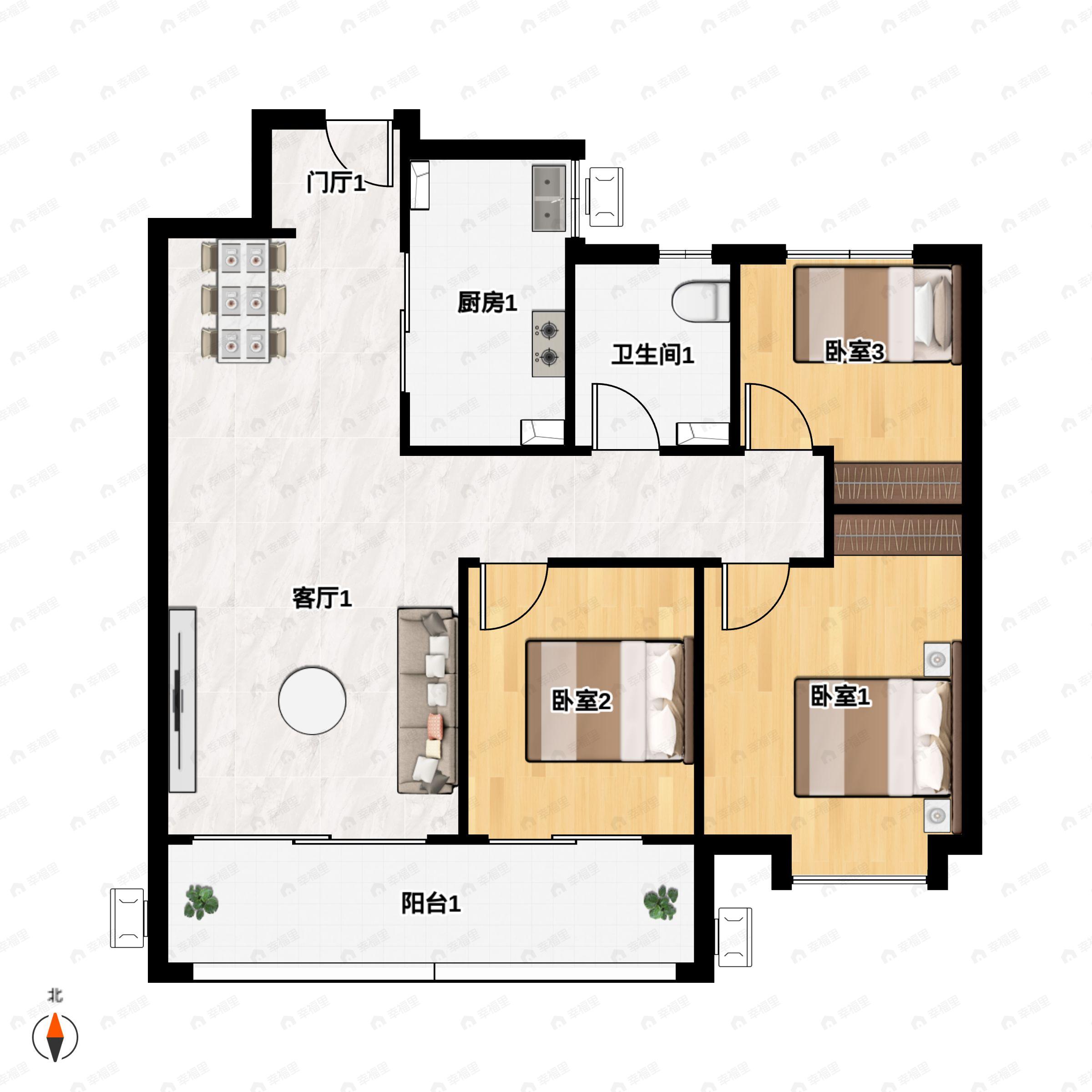 3室2厅1卫建面100m²北|南户型图