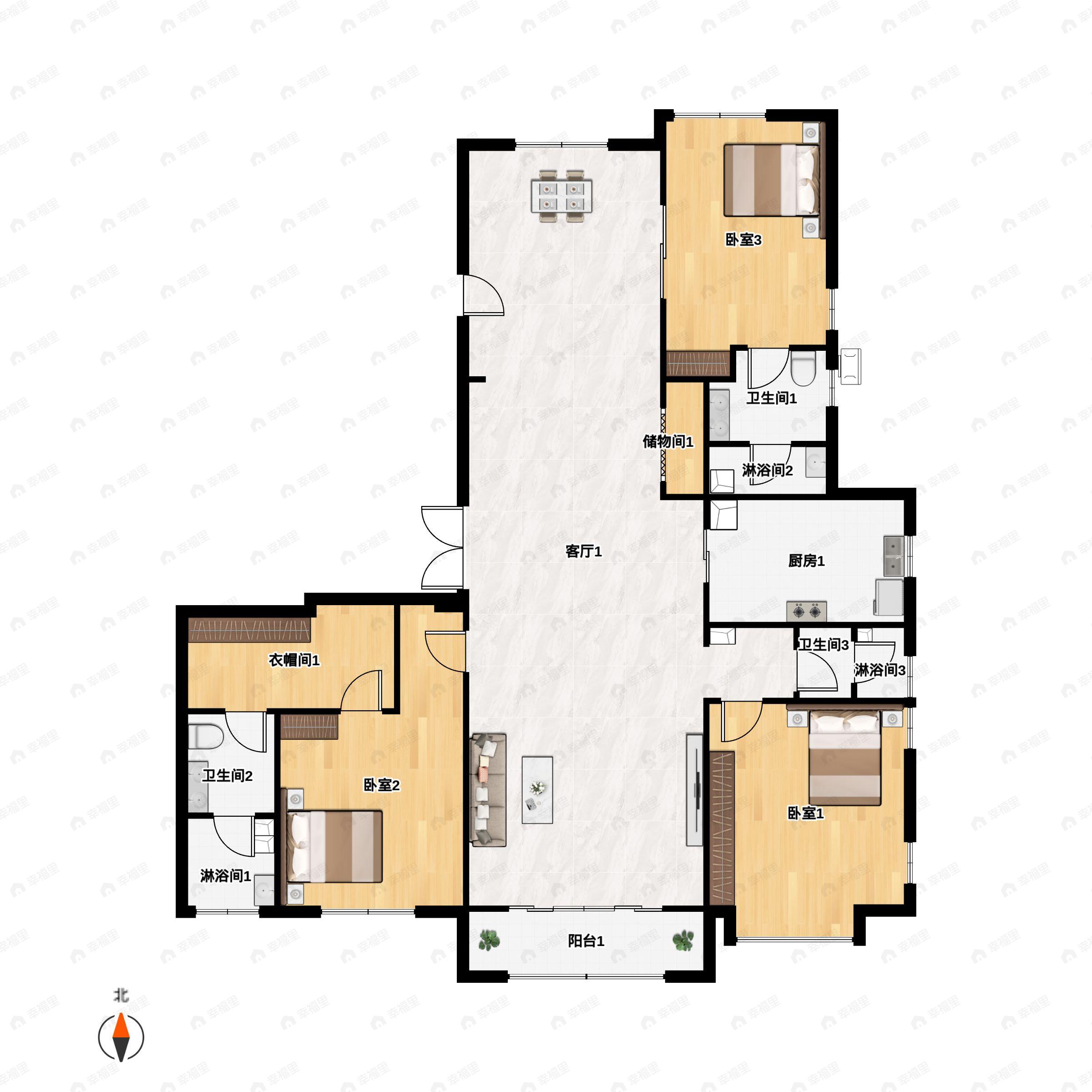 3室2厅3卫建面221平南户型图