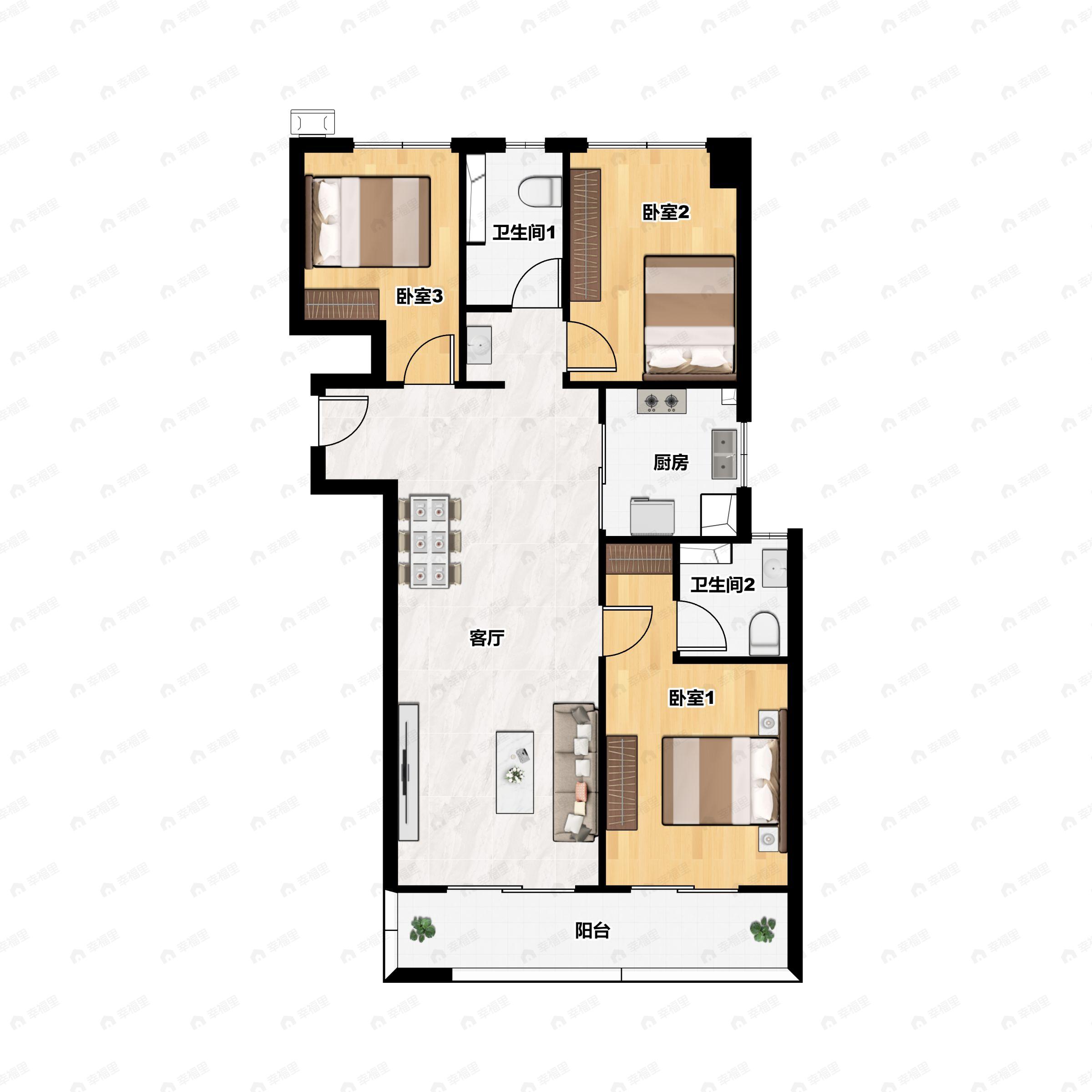3室2厅2卫建面143m²北|南户型图