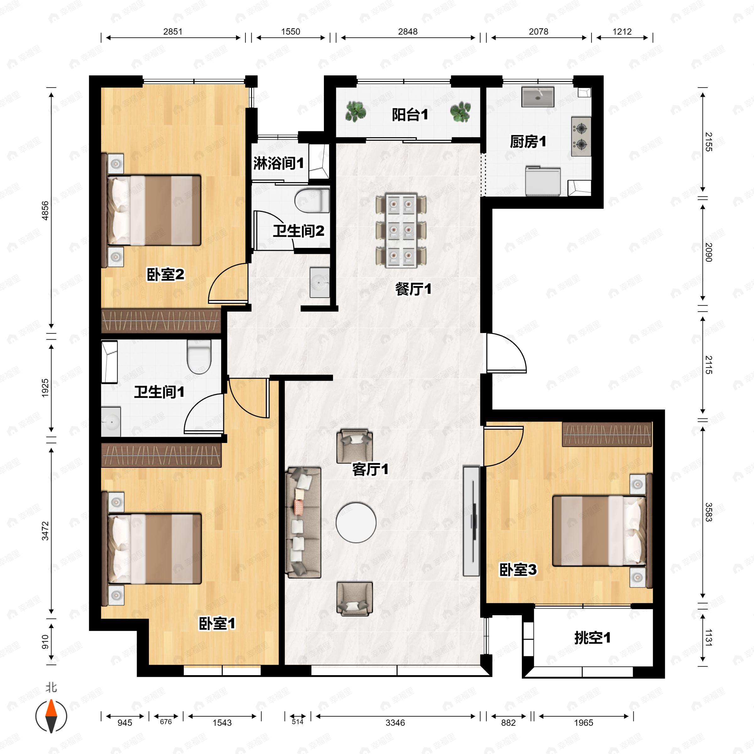 3室2厅2卫建面154平户型图