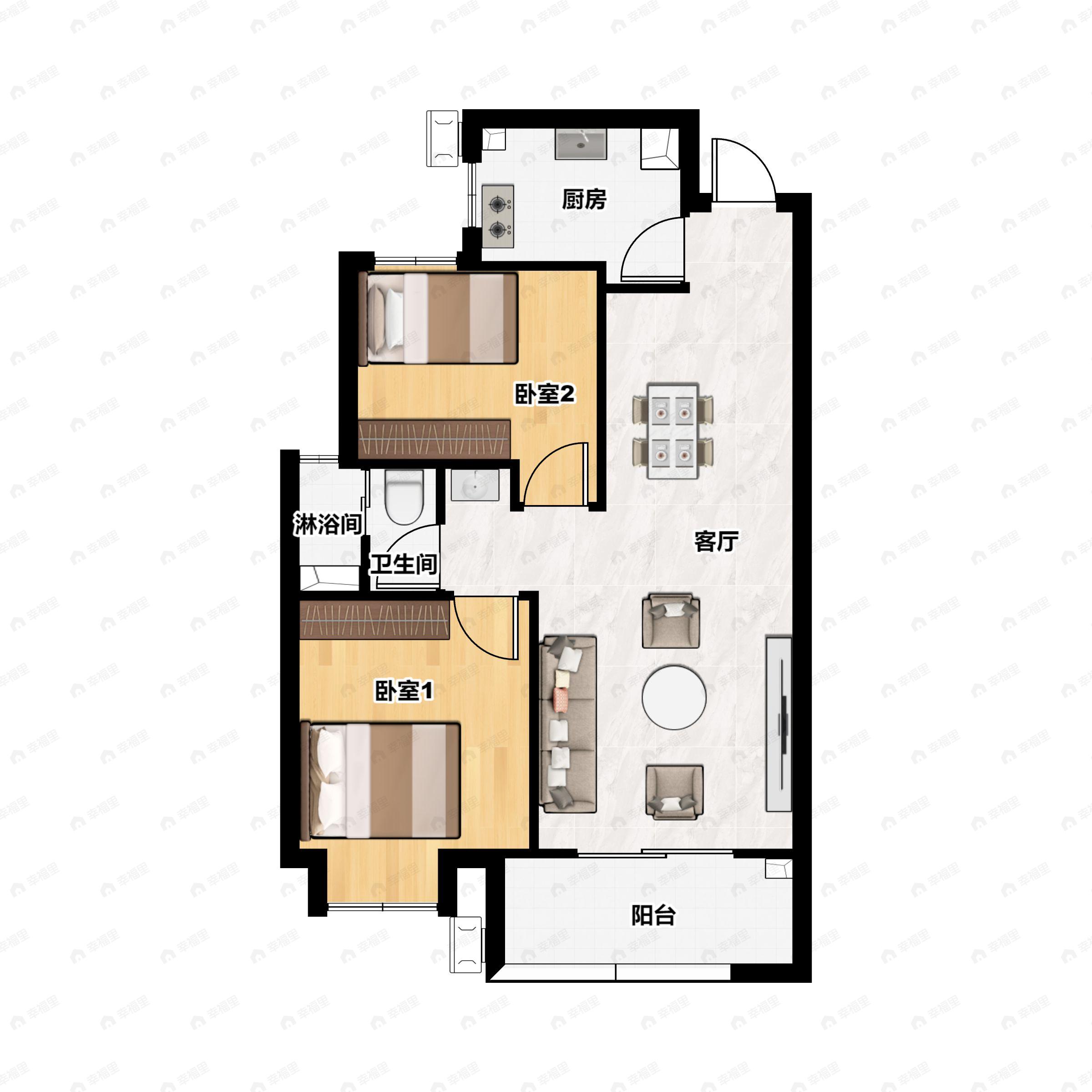 2室2厅1卫建面83m²南|北户型图