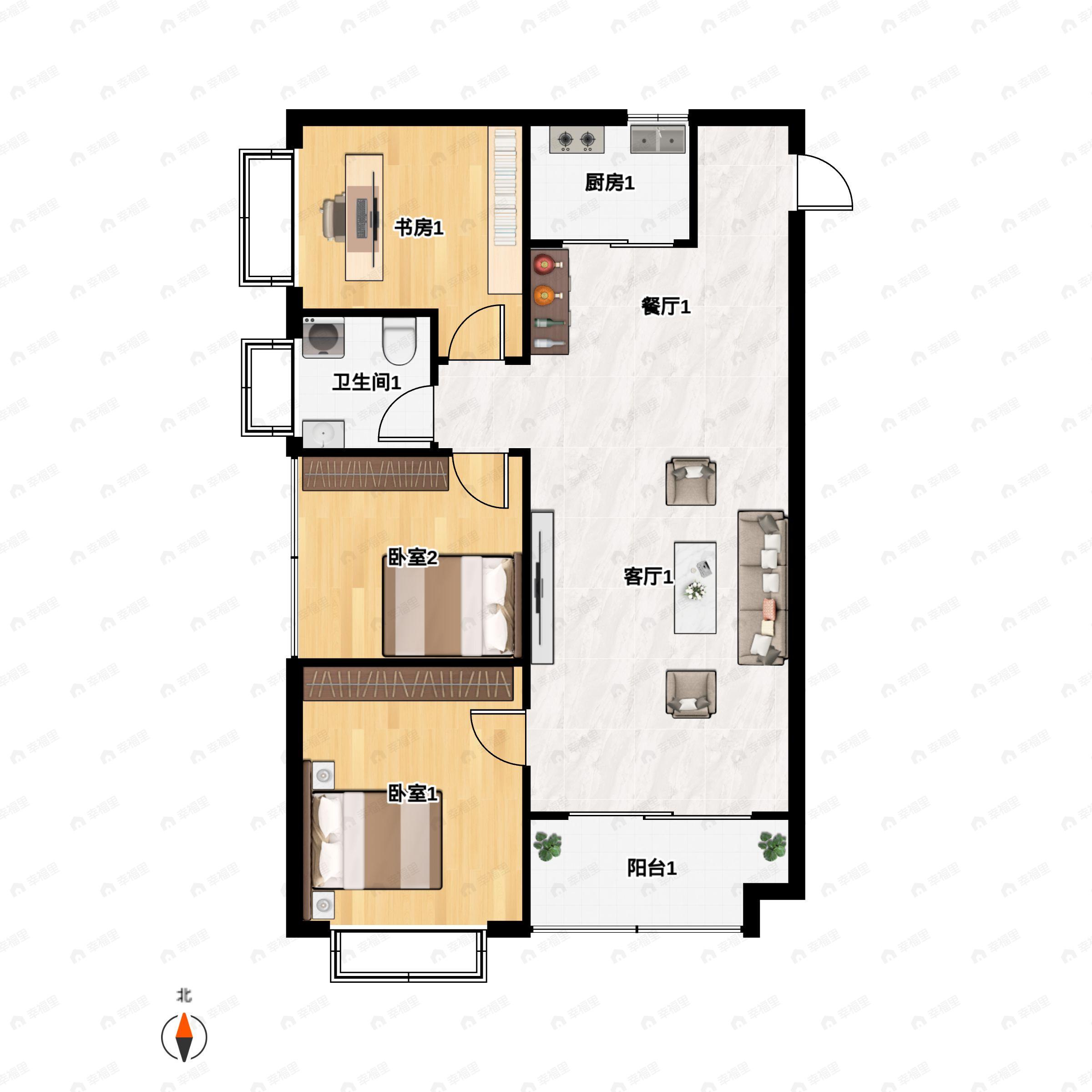 3室2厅1卫建面91平南户型图