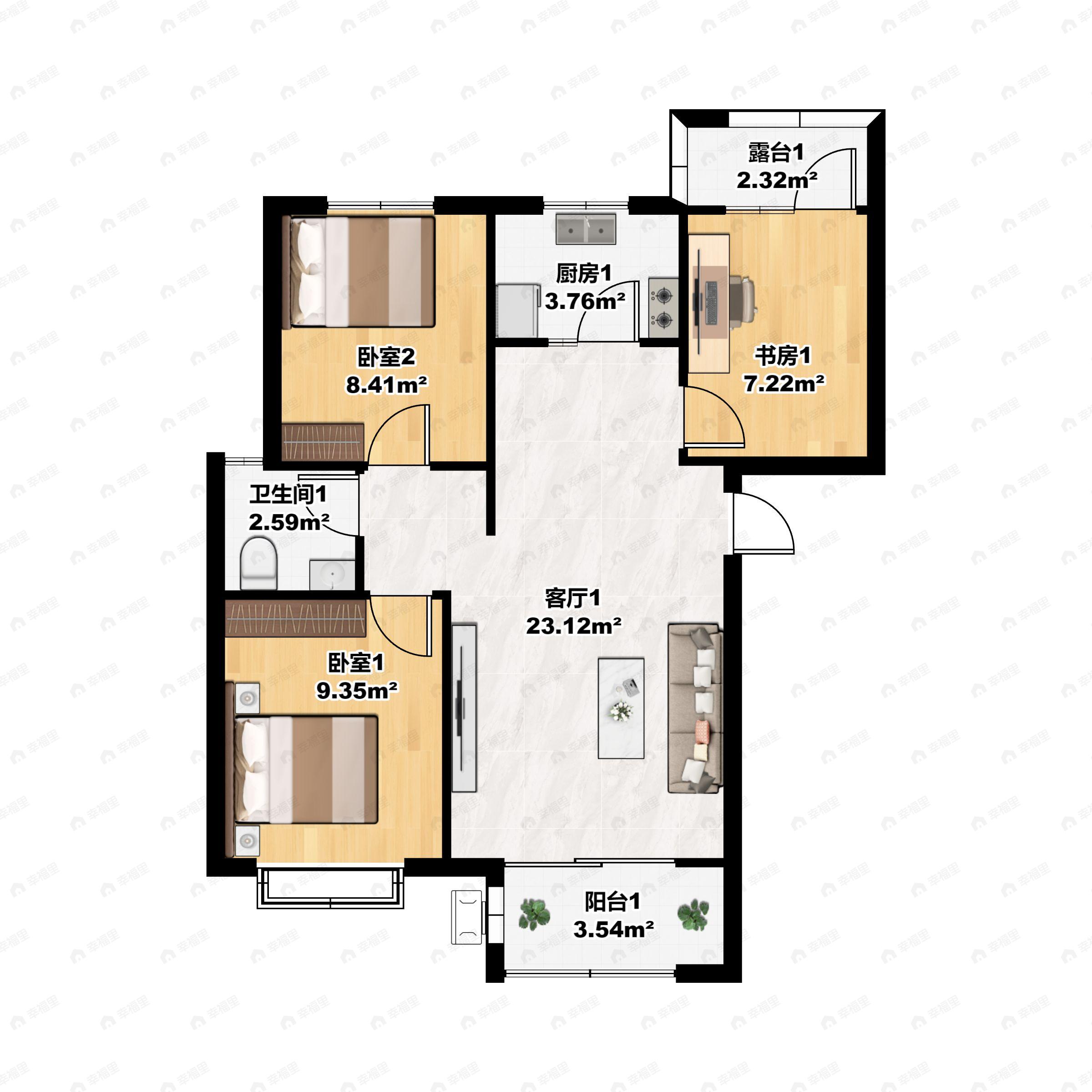 3室2厅1卫建面110平南|北户型图