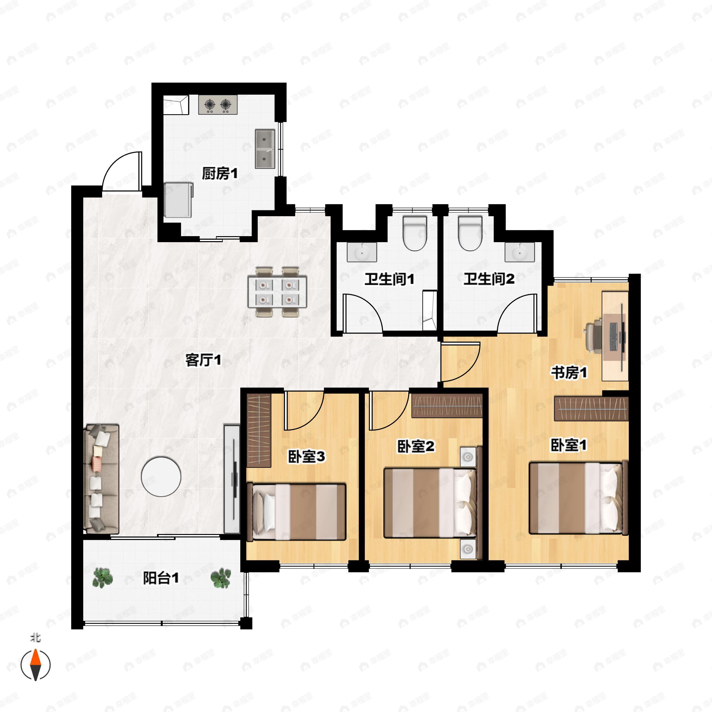 4室2厅2卫建面105平东南户型图