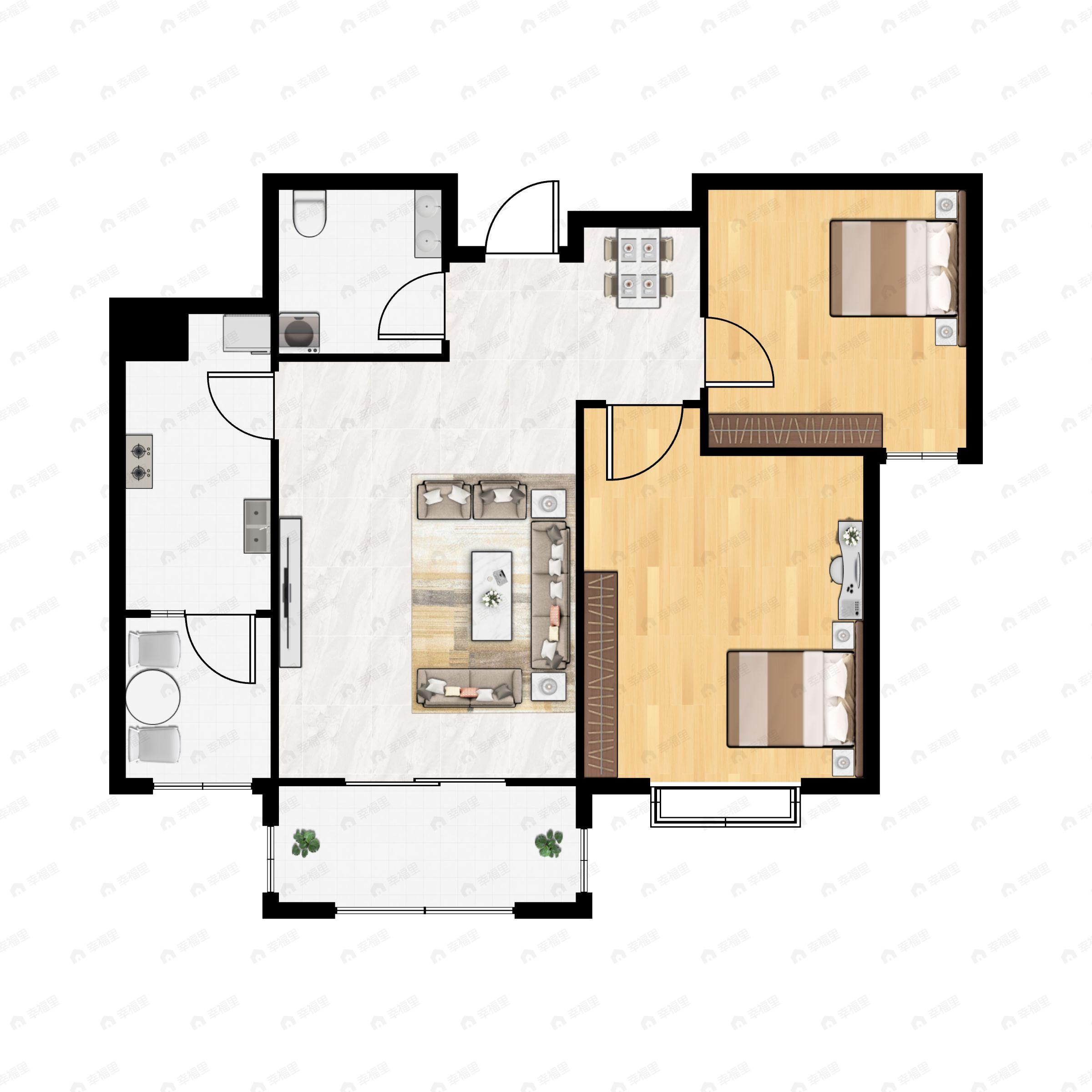 2室2厅1卫建面86m²南户型图