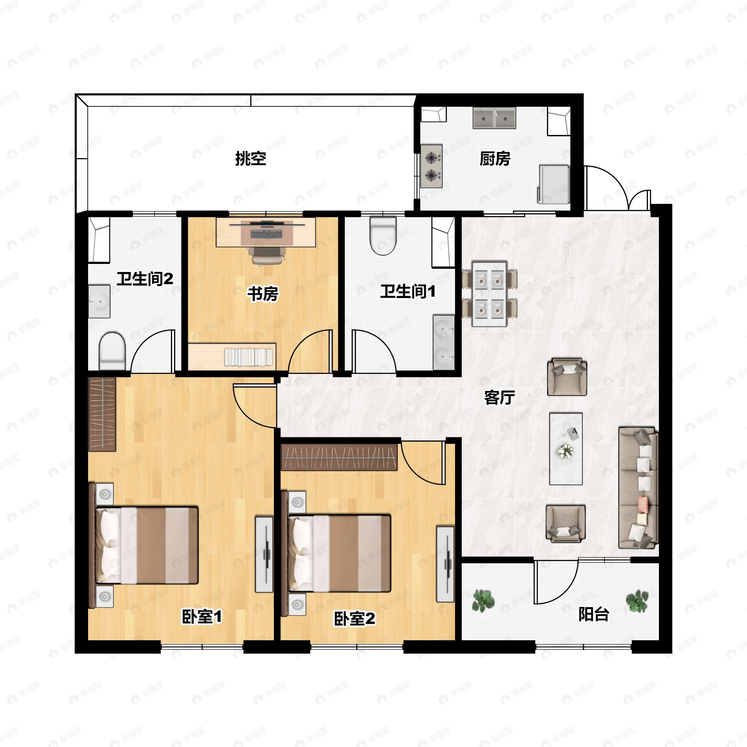3室2厅2卫建面121平户型图