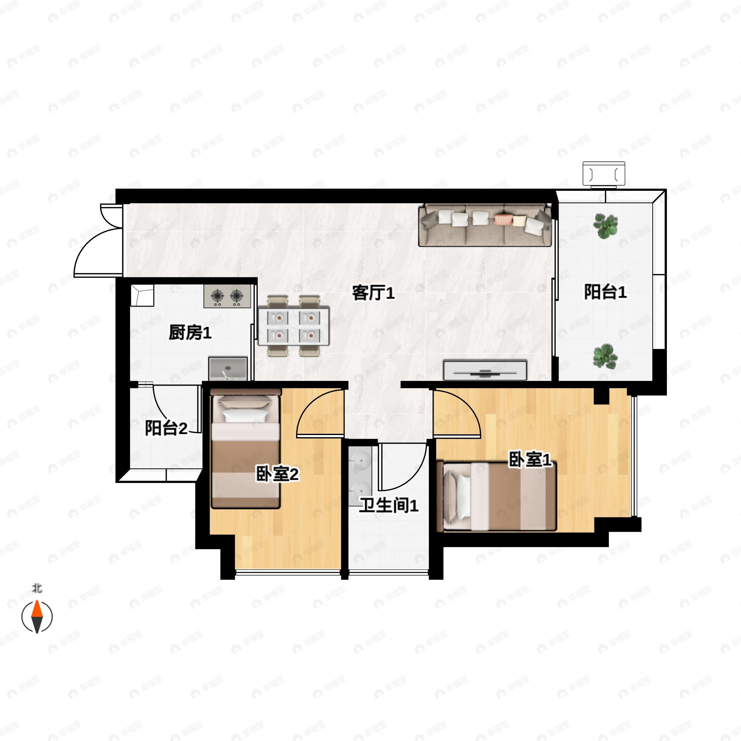 2室2厅1卫建面76m²东|北户型图