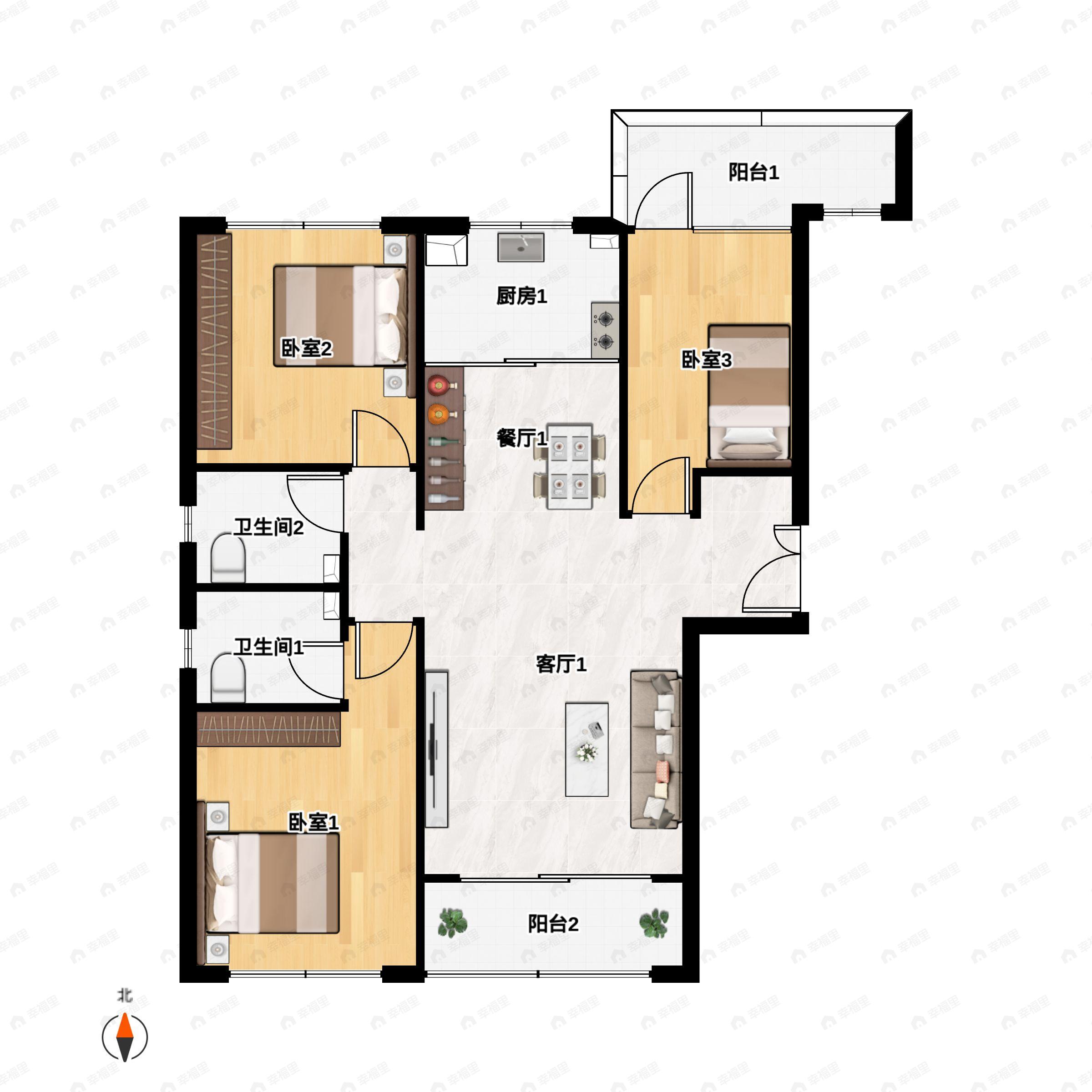 3室2厅2卫建面137平南|北户型图