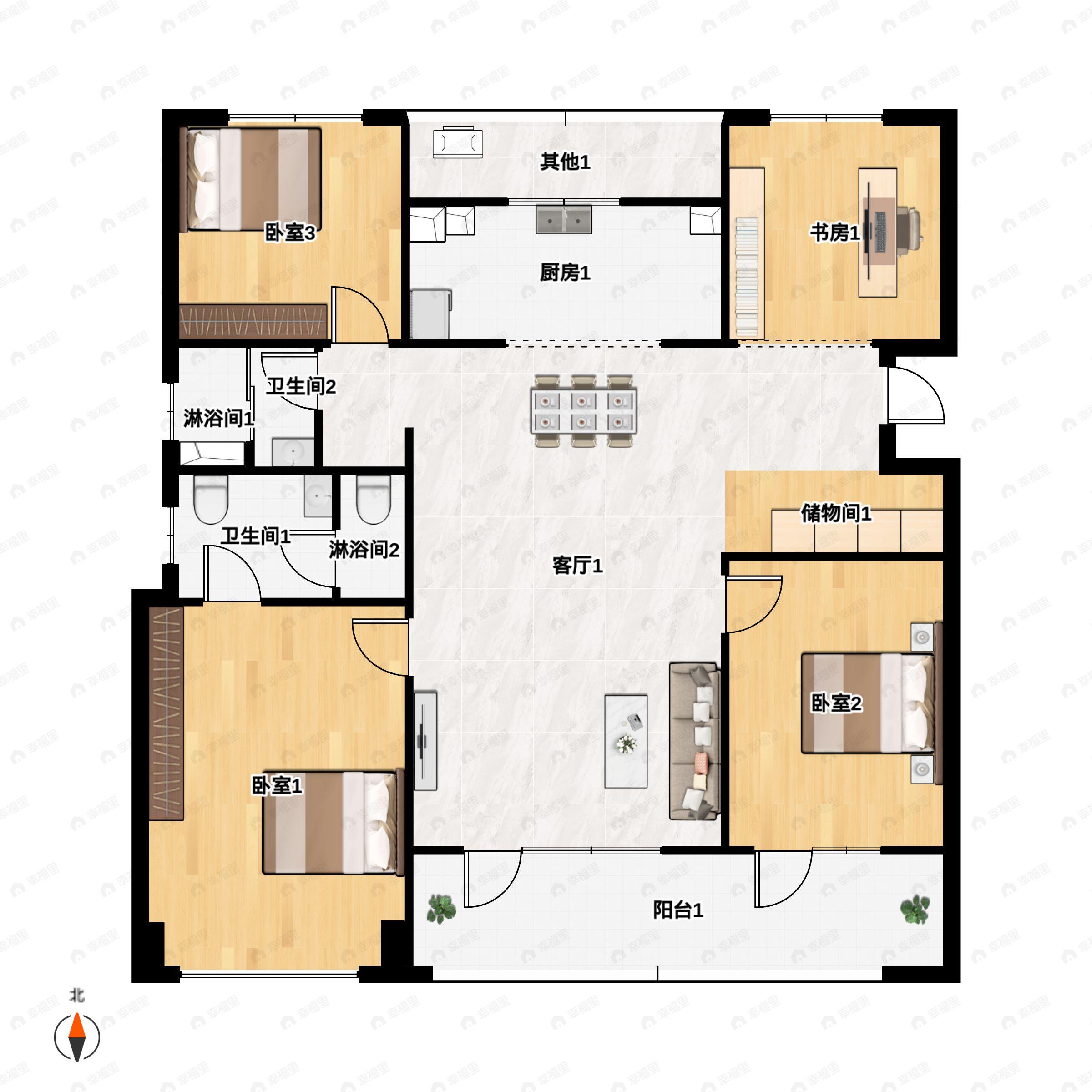 4室2厅2卫建面142平南户型图
