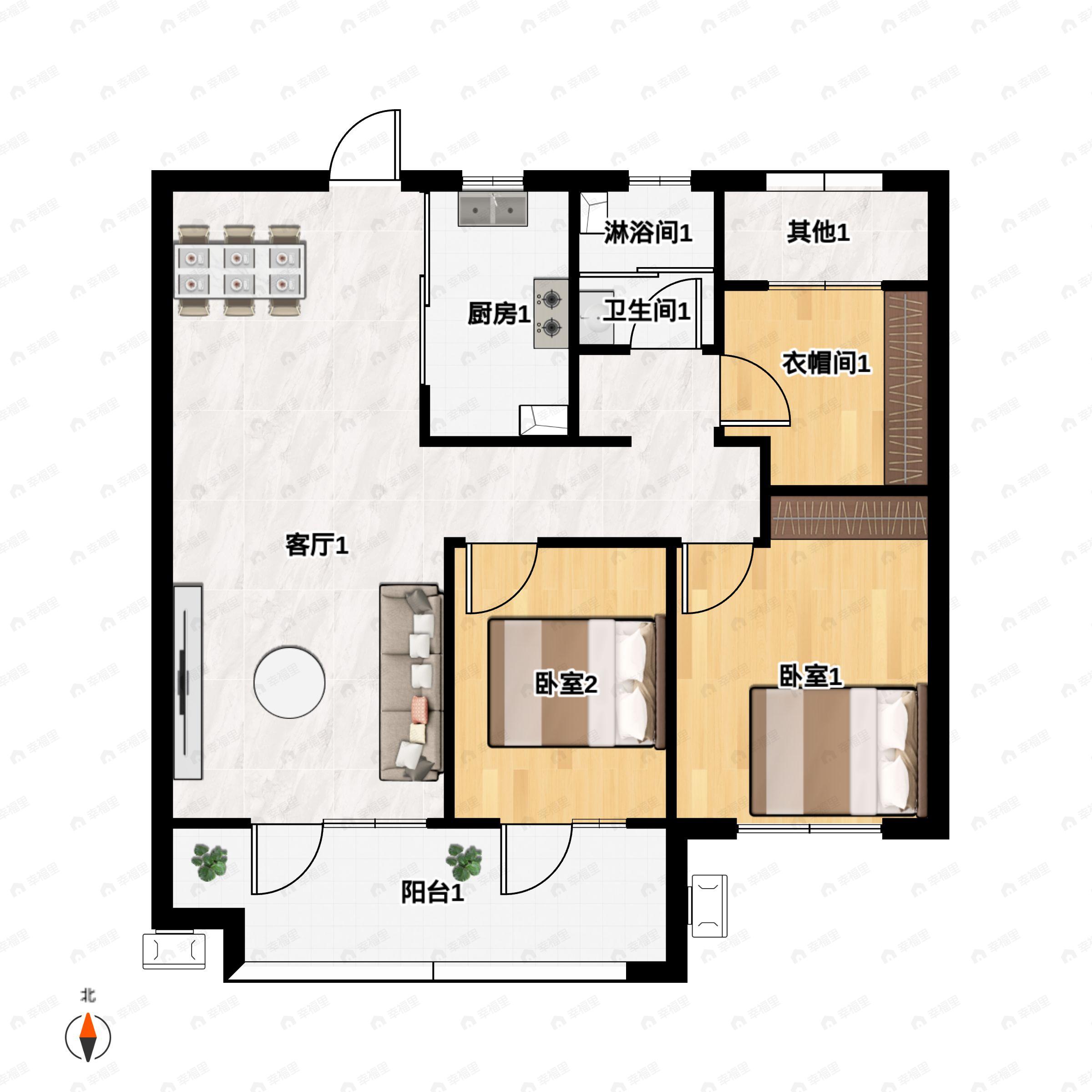 3室2厅1卫建面104平南户型图