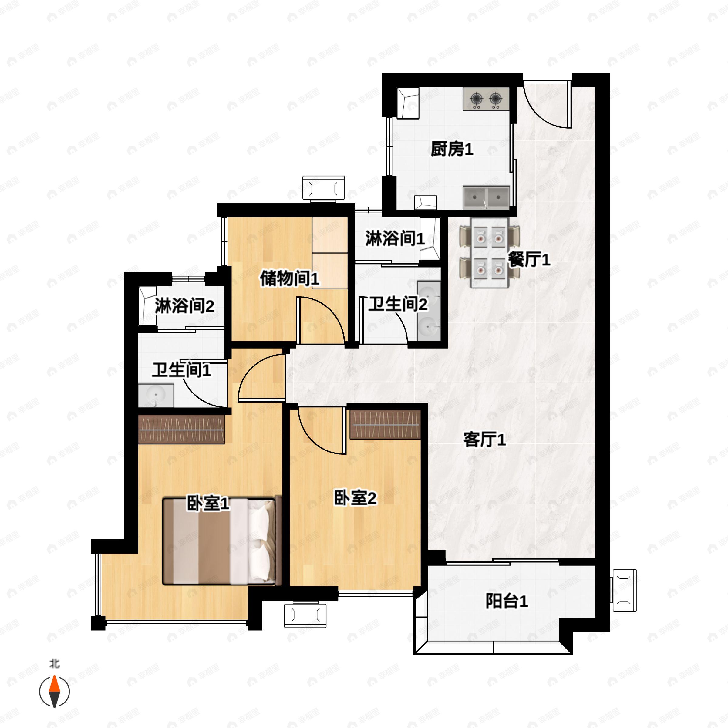 2室2厅2卫建面84平户型图