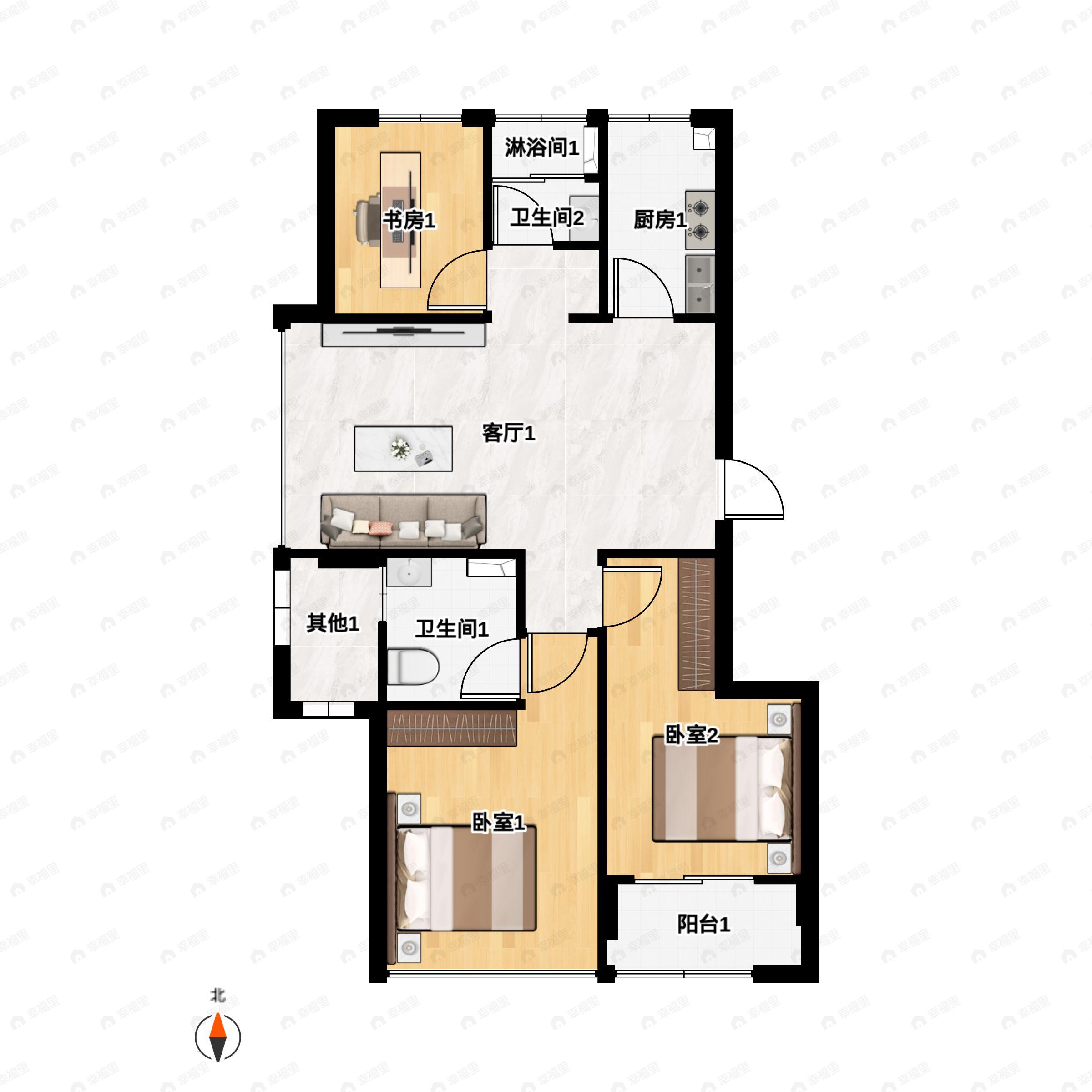 3室2厅2卫建面89m²北|南户型图