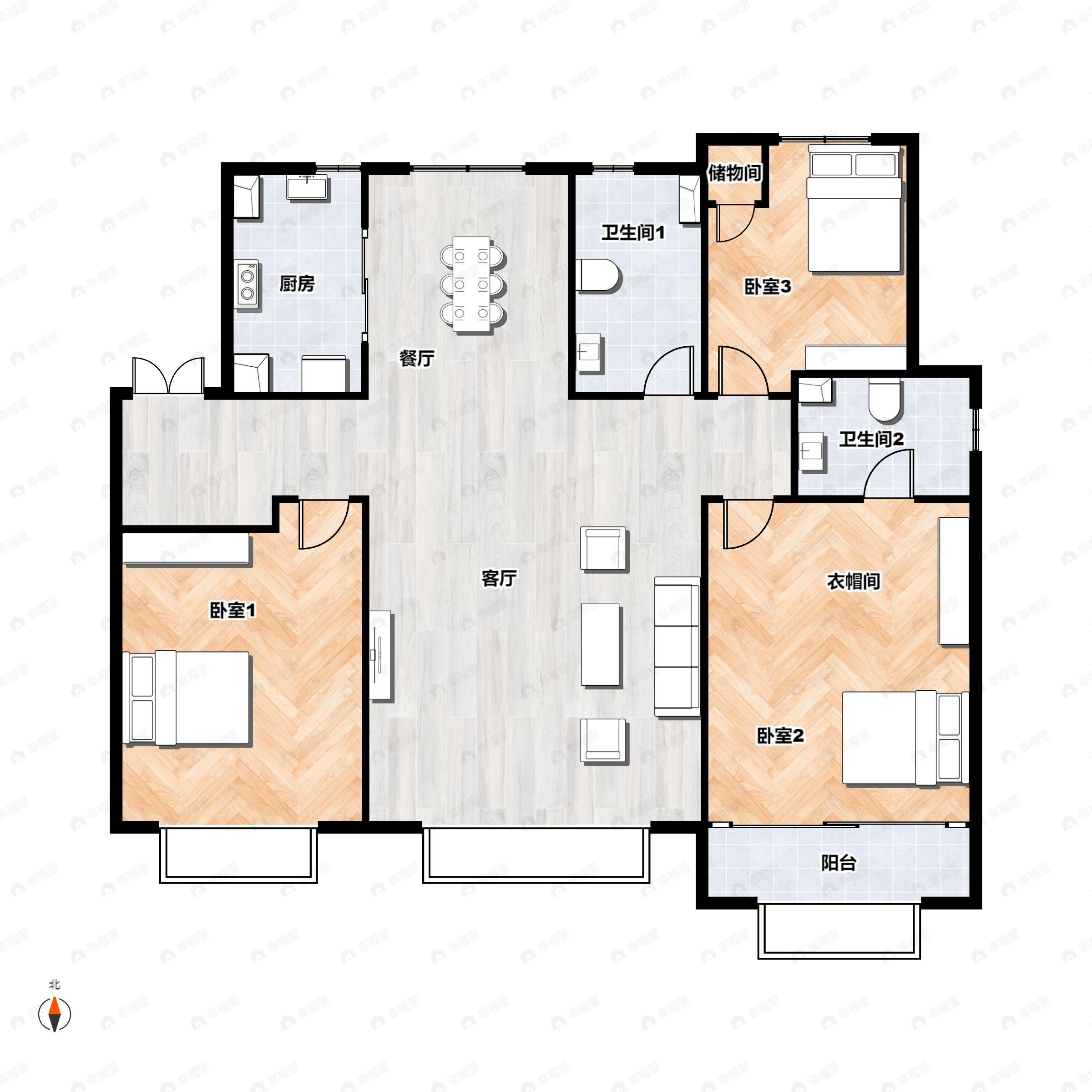 3室2厅2卫建面130平南|北户型图