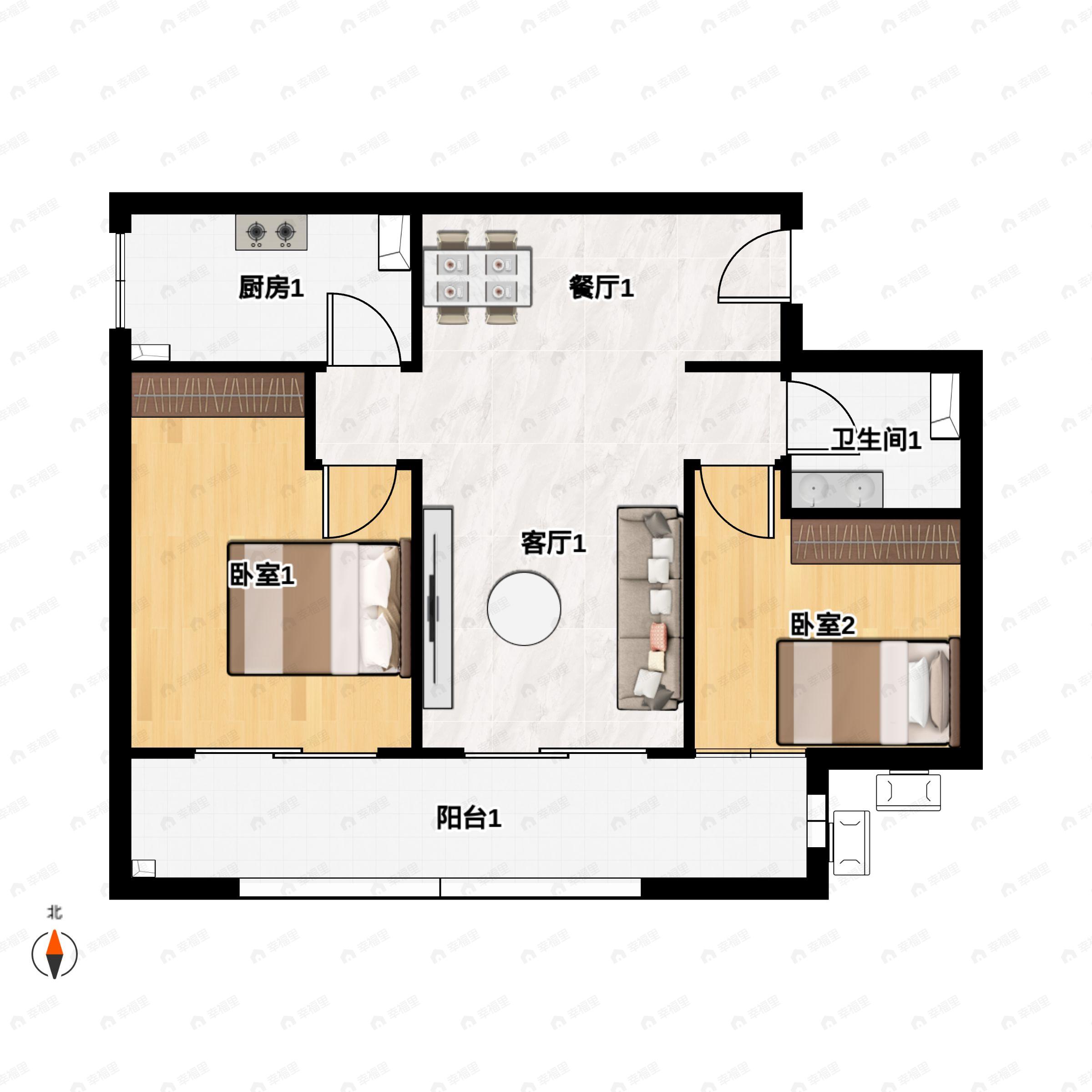 2室2厅1卫建面86平南户型图