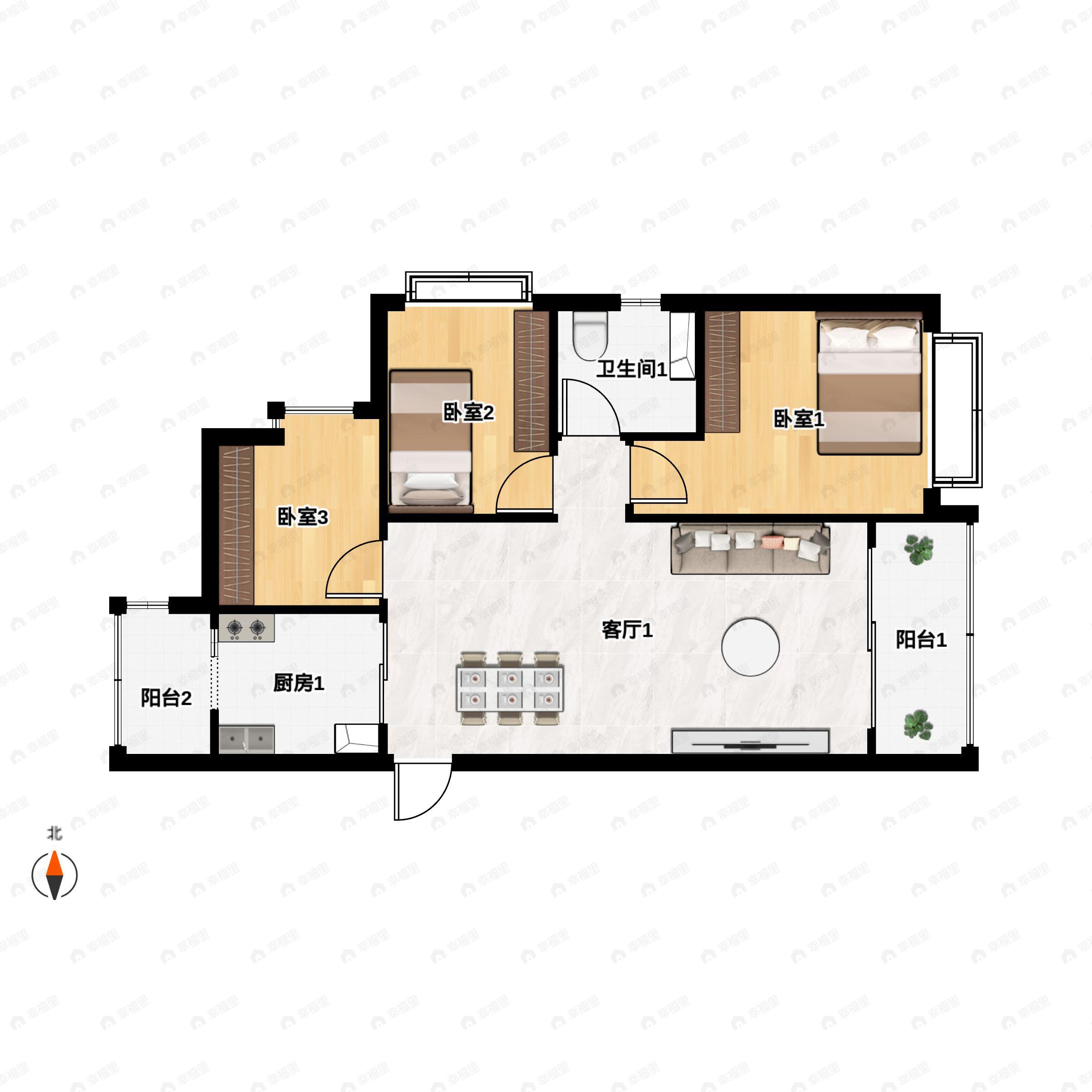 3室2厅1卫建面110平南|北户型图