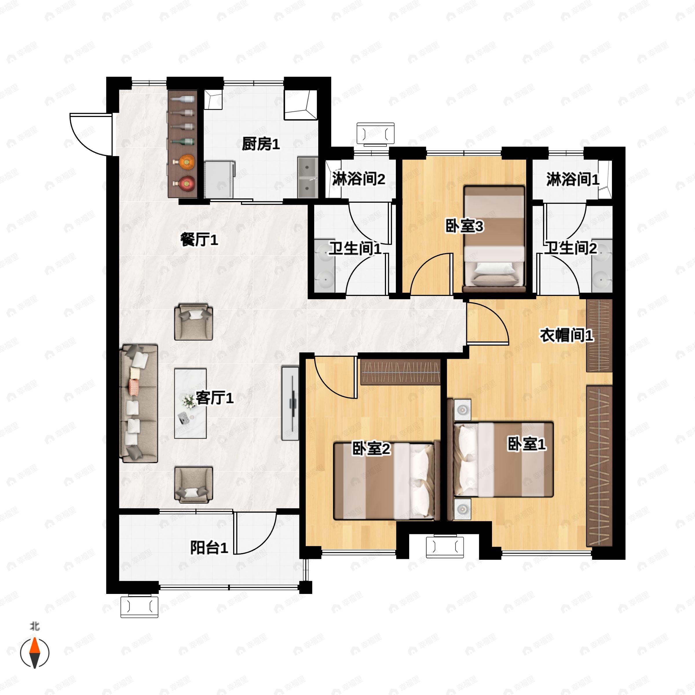 龙湖亿联春江天玺3室2厅2卫户型图