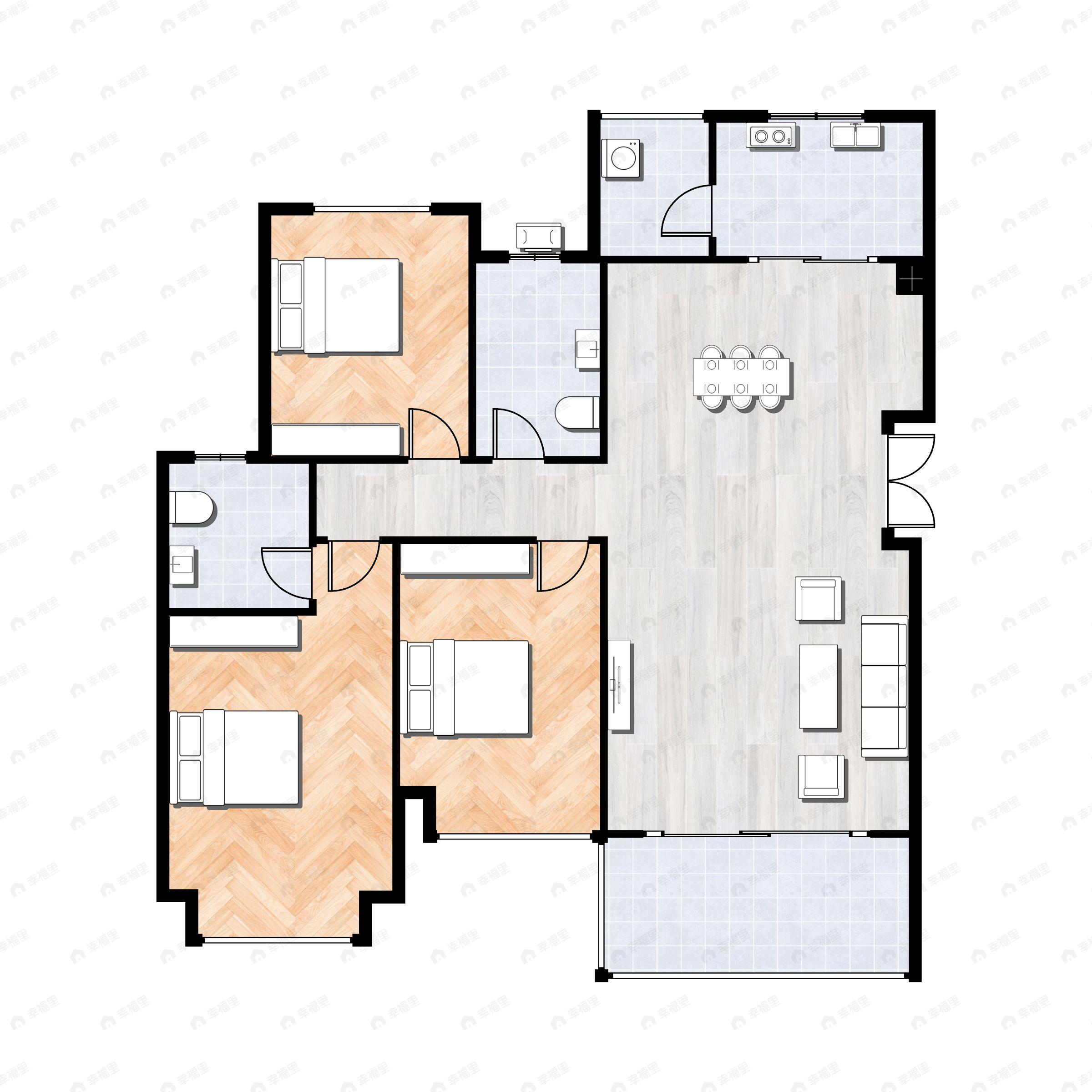 3室2厅2卫建面102m²南户型图