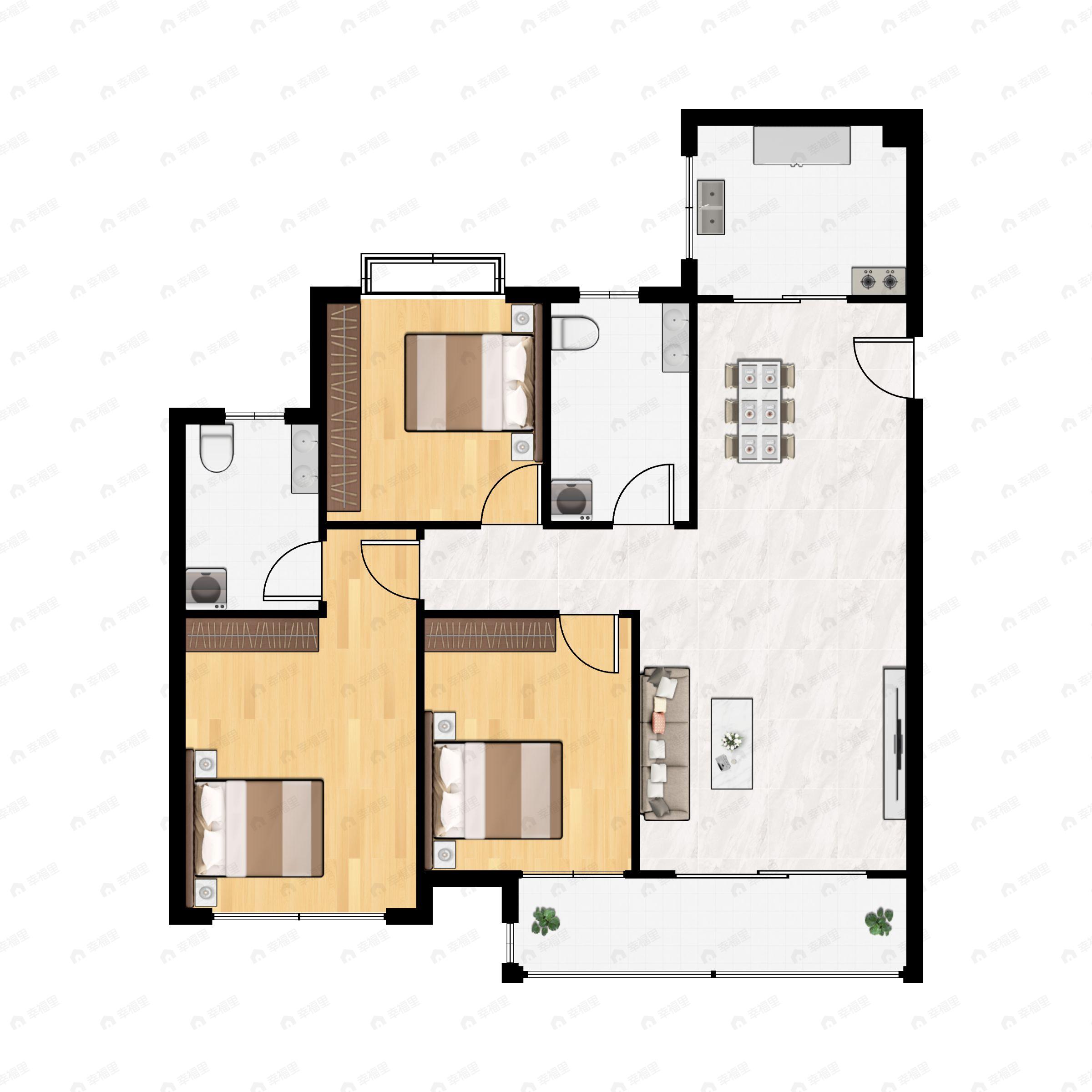 3室2厅2卫建面120m²南户型图