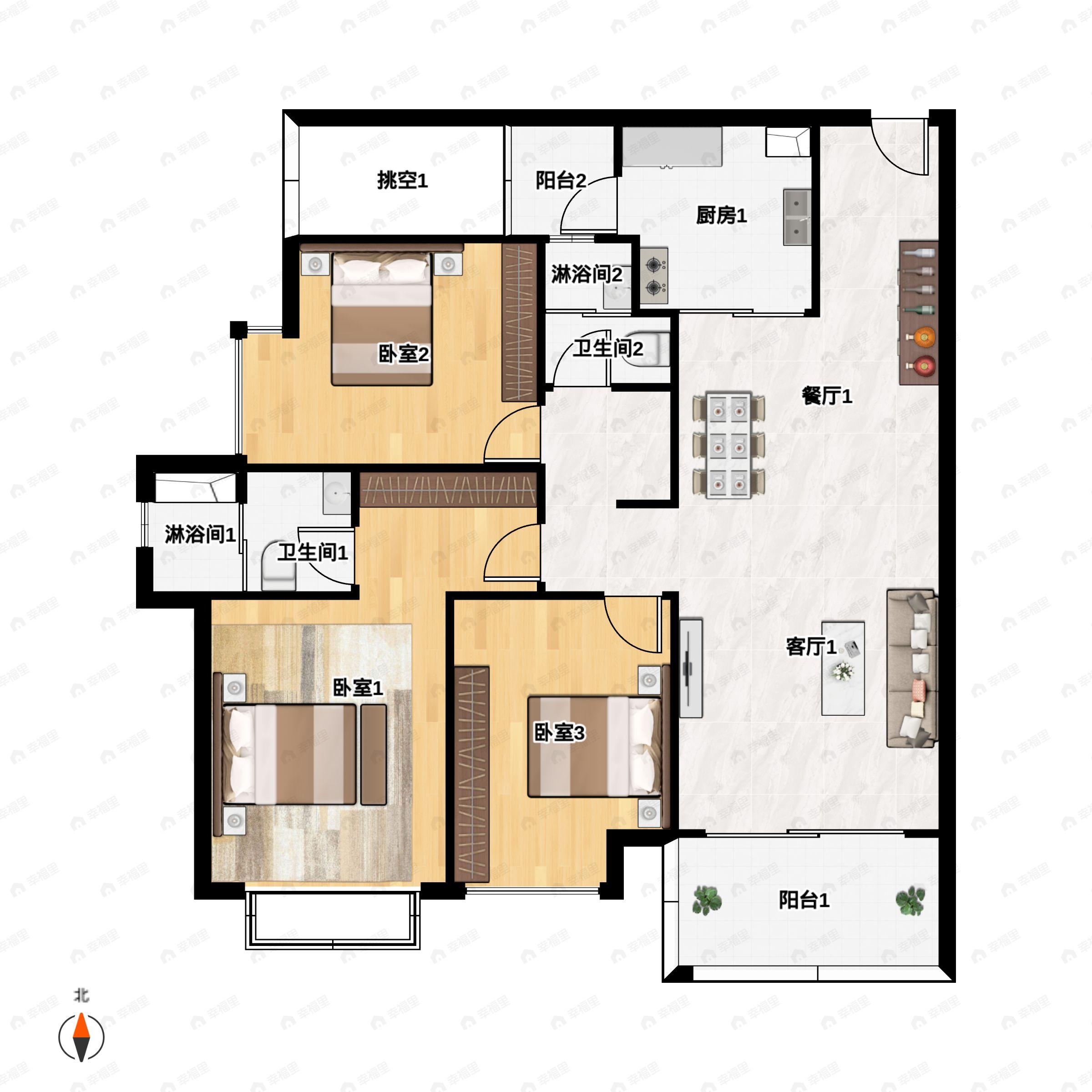 3室2厅2卫建面117m²南户型图
