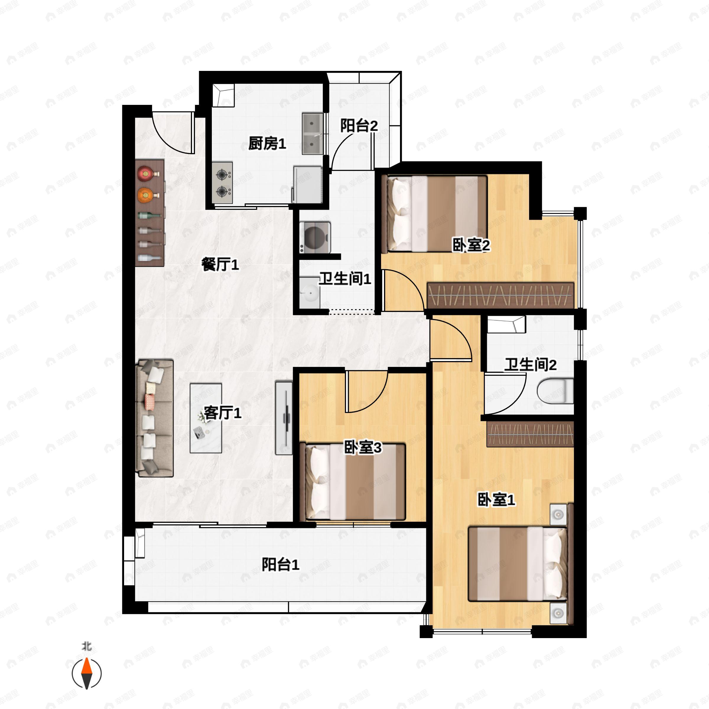 七彩国际社区3室2厅2卫户型图