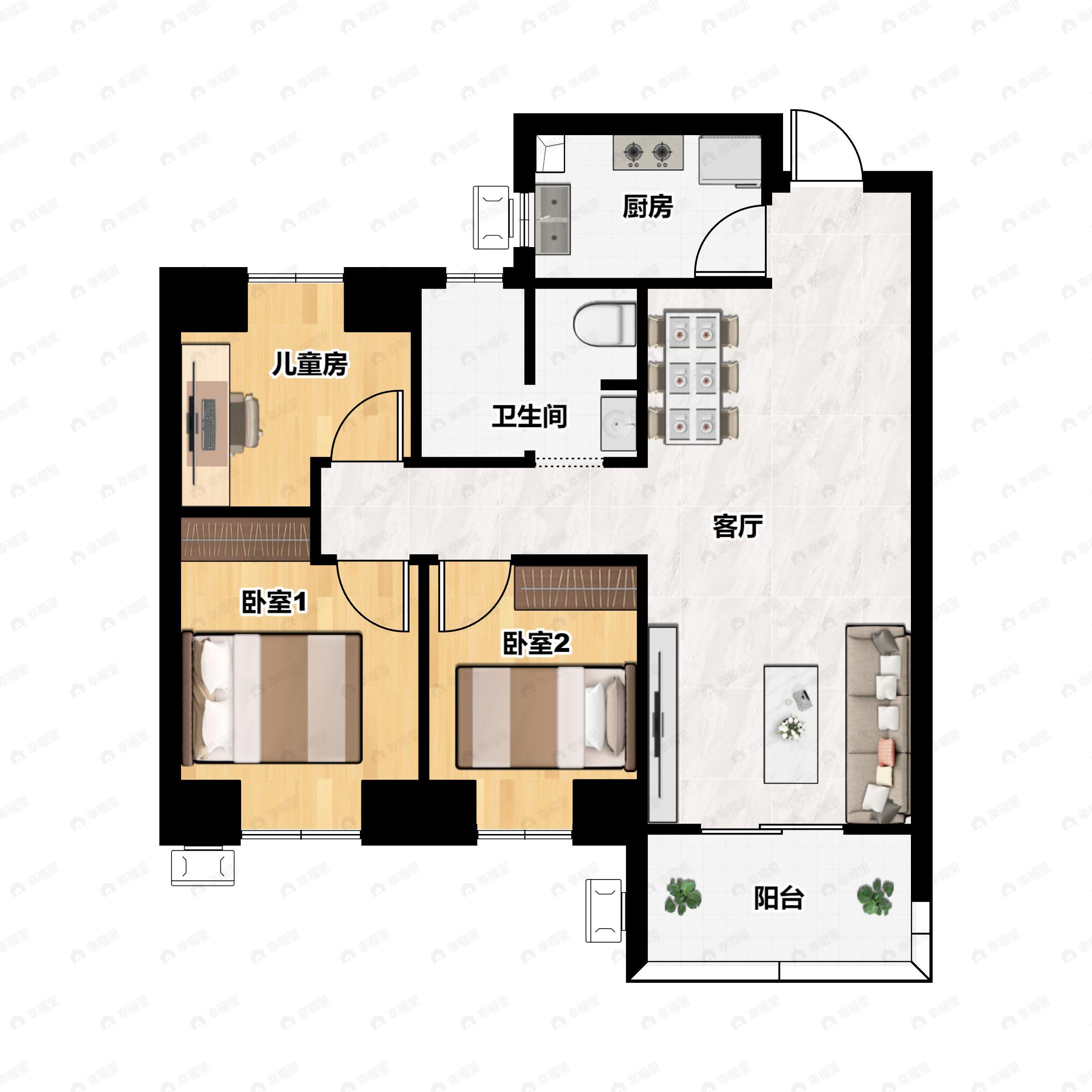 3室2厅1卫建面90m²南户型图