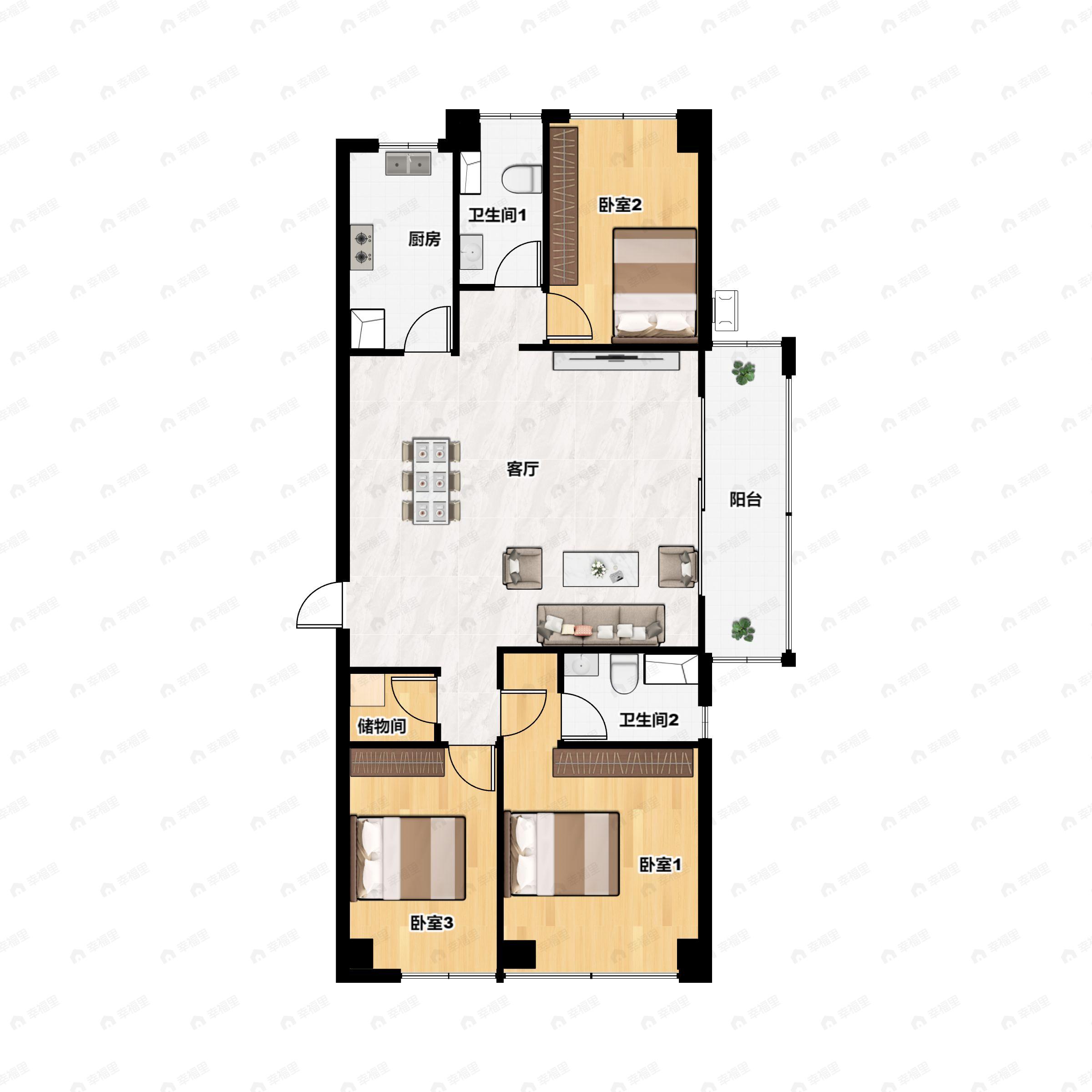 3室2厅2卫建面164m²南|北户型图