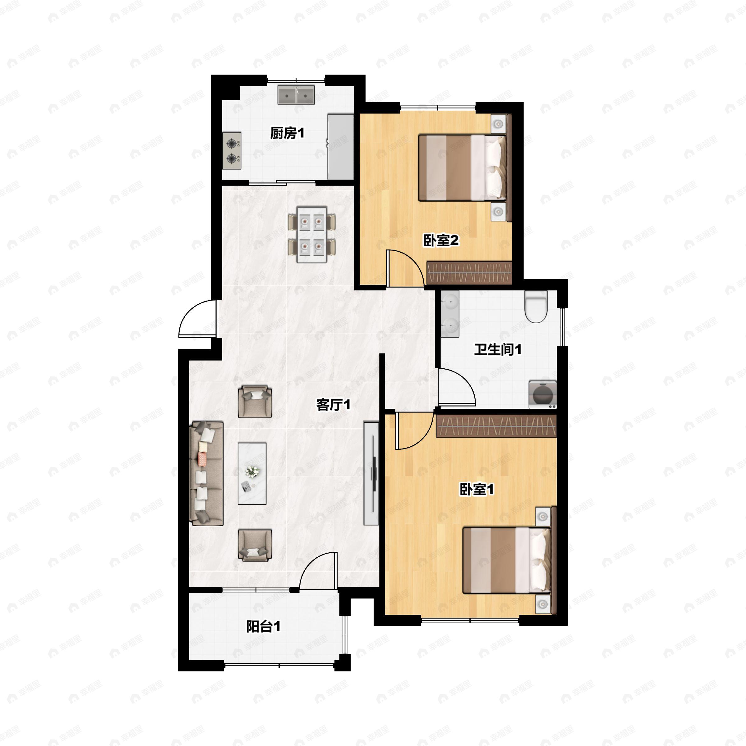 2室2厅1卫建面108m²南户型图