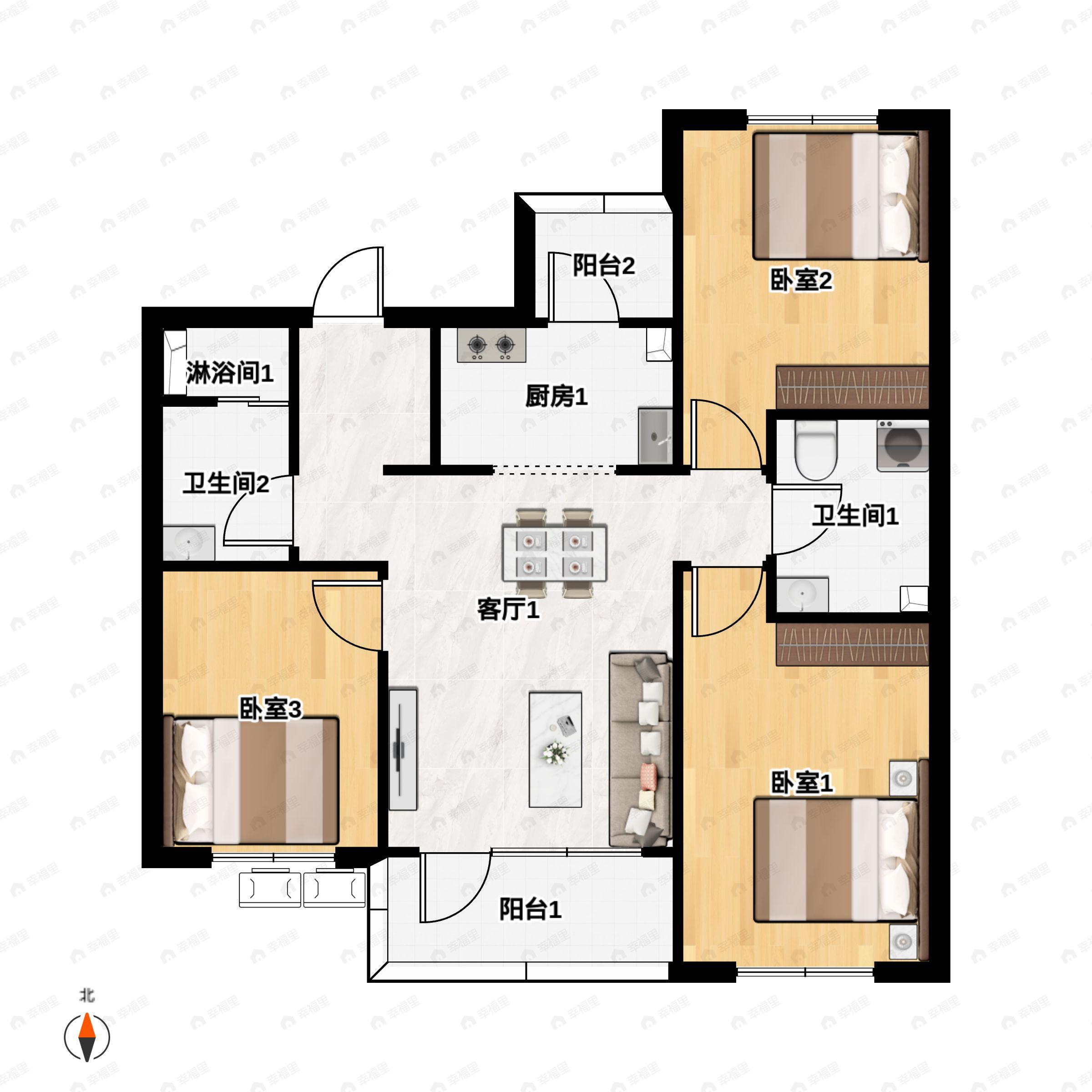 3室2厅2卫建面120平南|北户型图