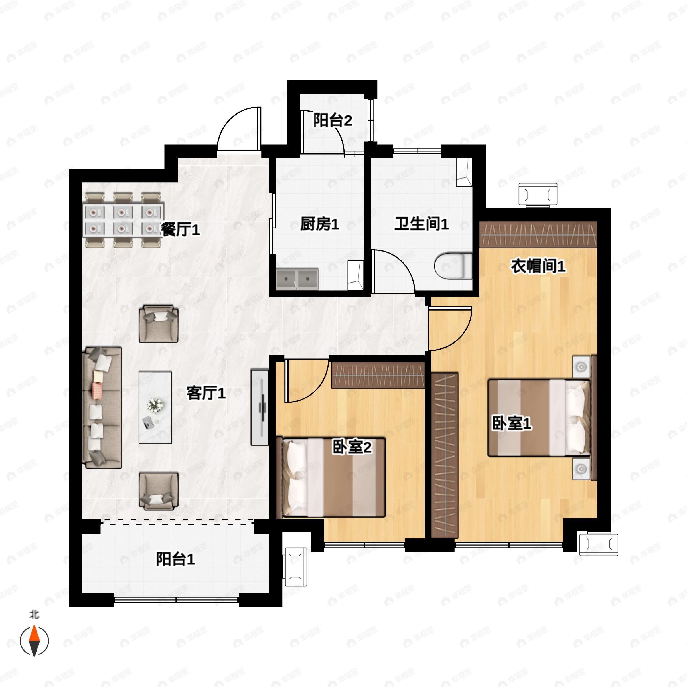 2室2厅1卫建面102平南|北户型图