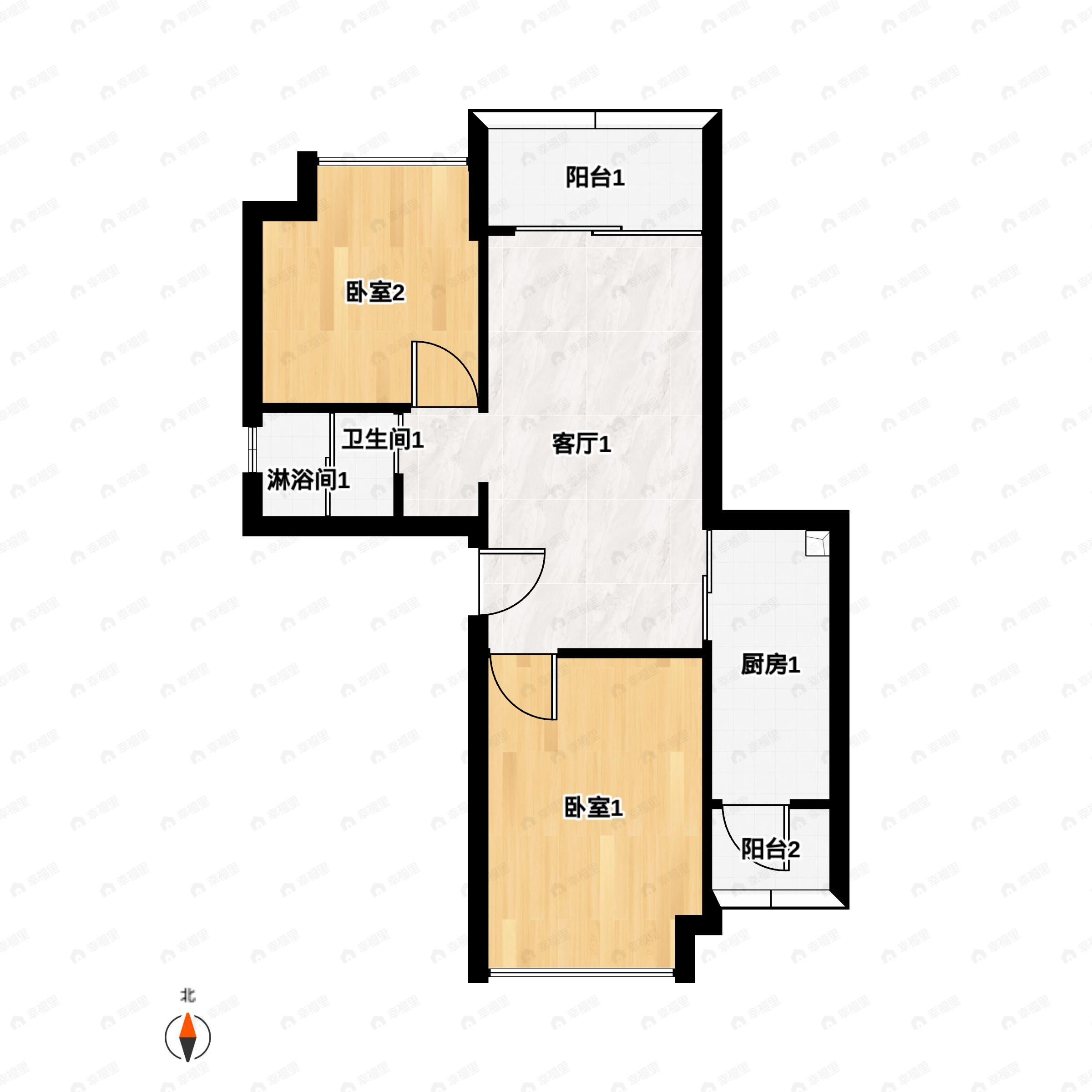 2室2厅1卫建面65m²西南户型图