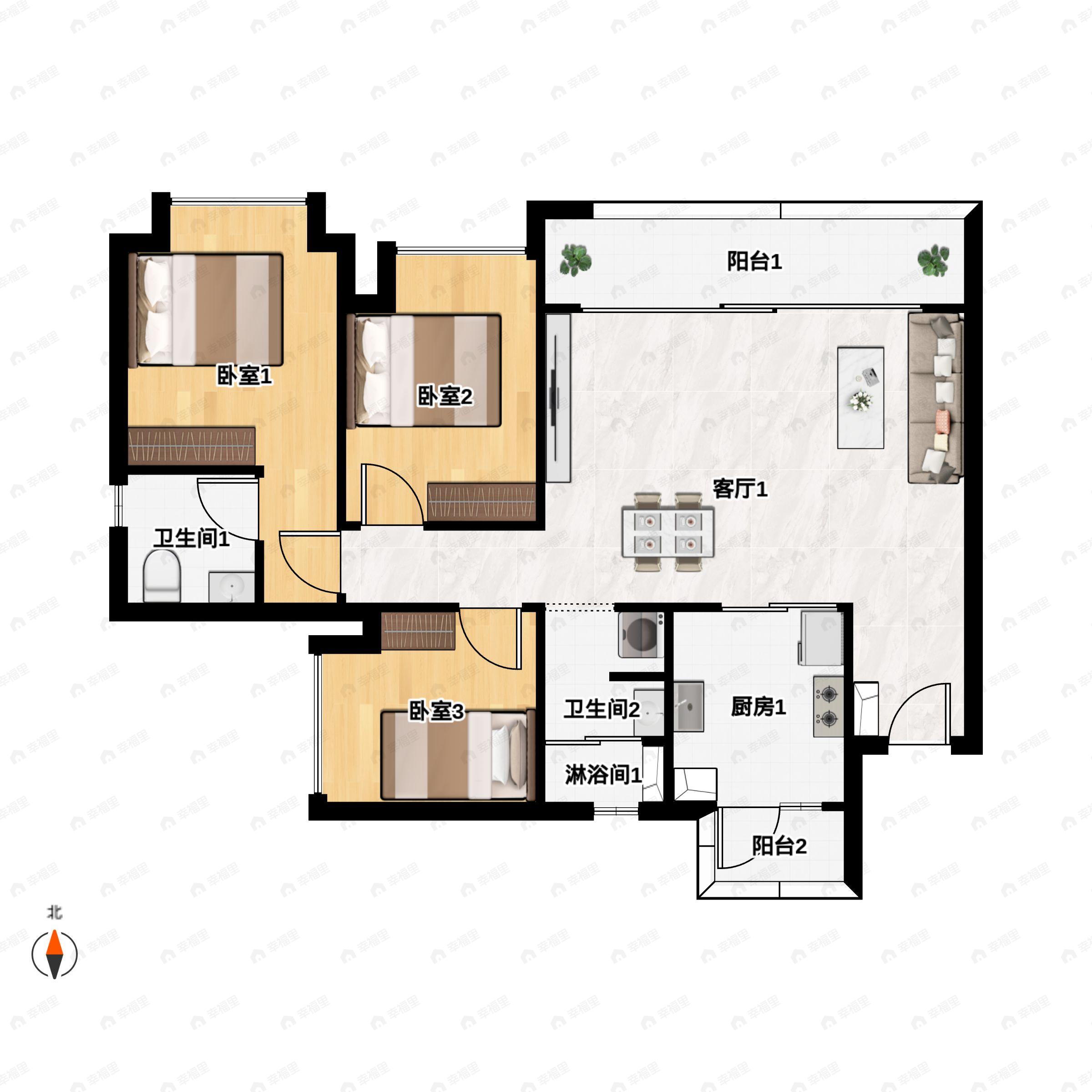 3室2厅2卫建面99m²北|南户型图