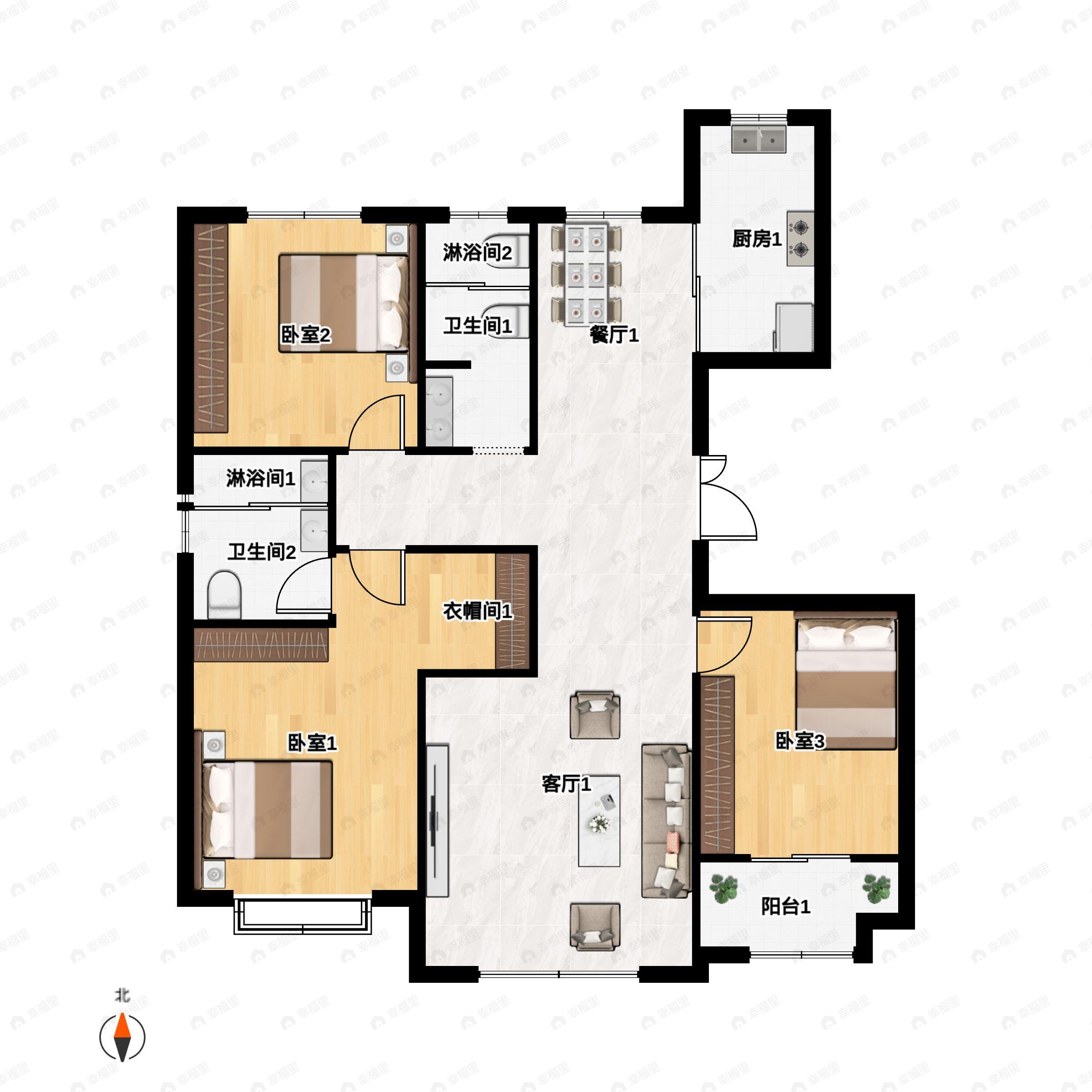 3室2厅2卫建面136平户型图
