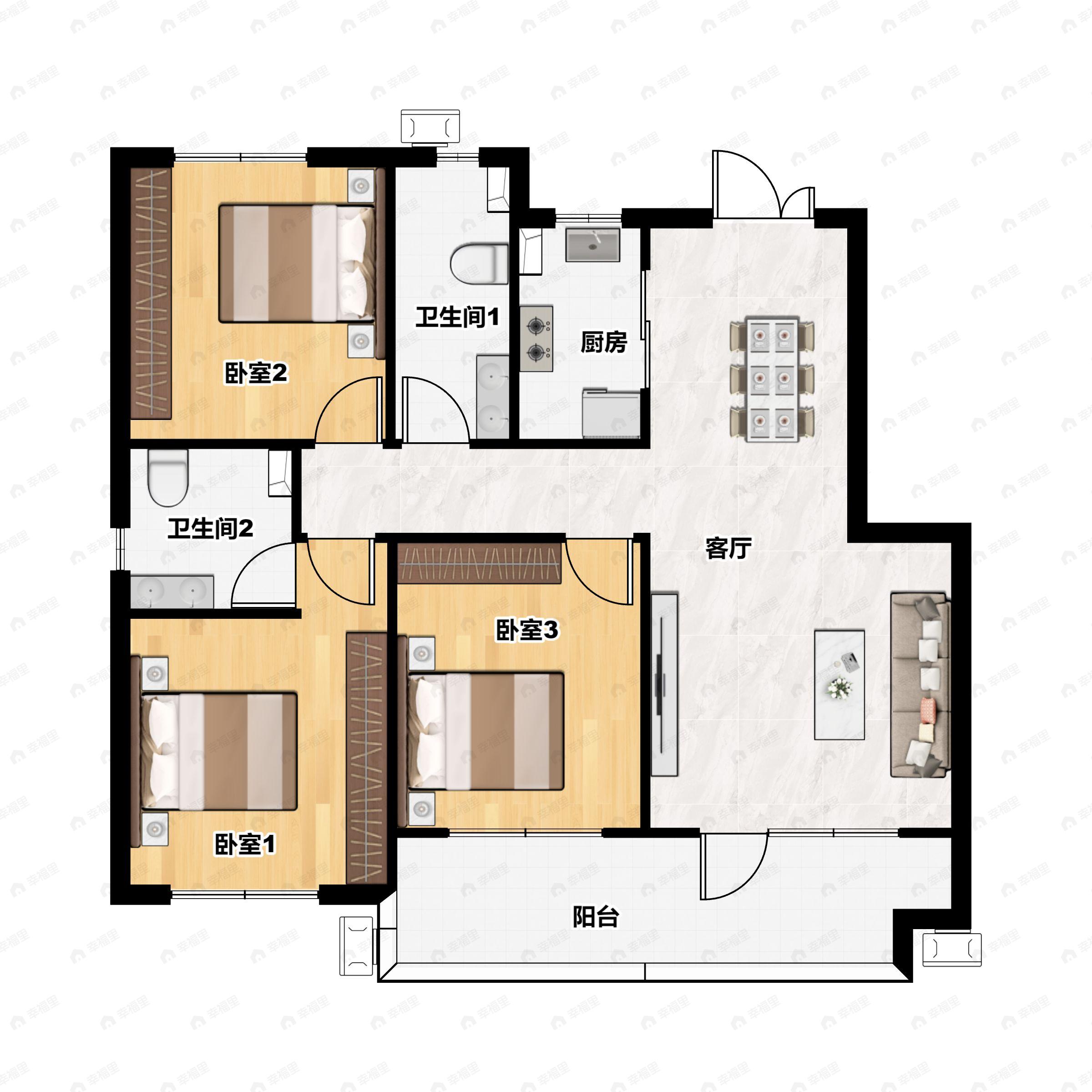 3室2厅2卫建面116平南|北户型图