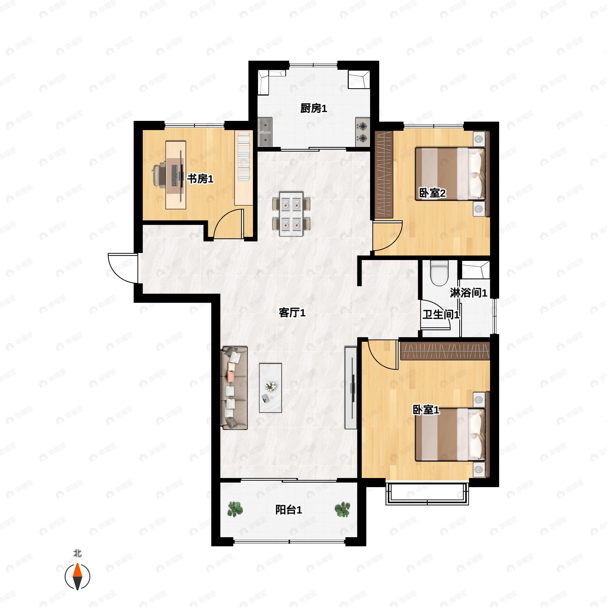 3室2厅1卫建面108平南|北户型图